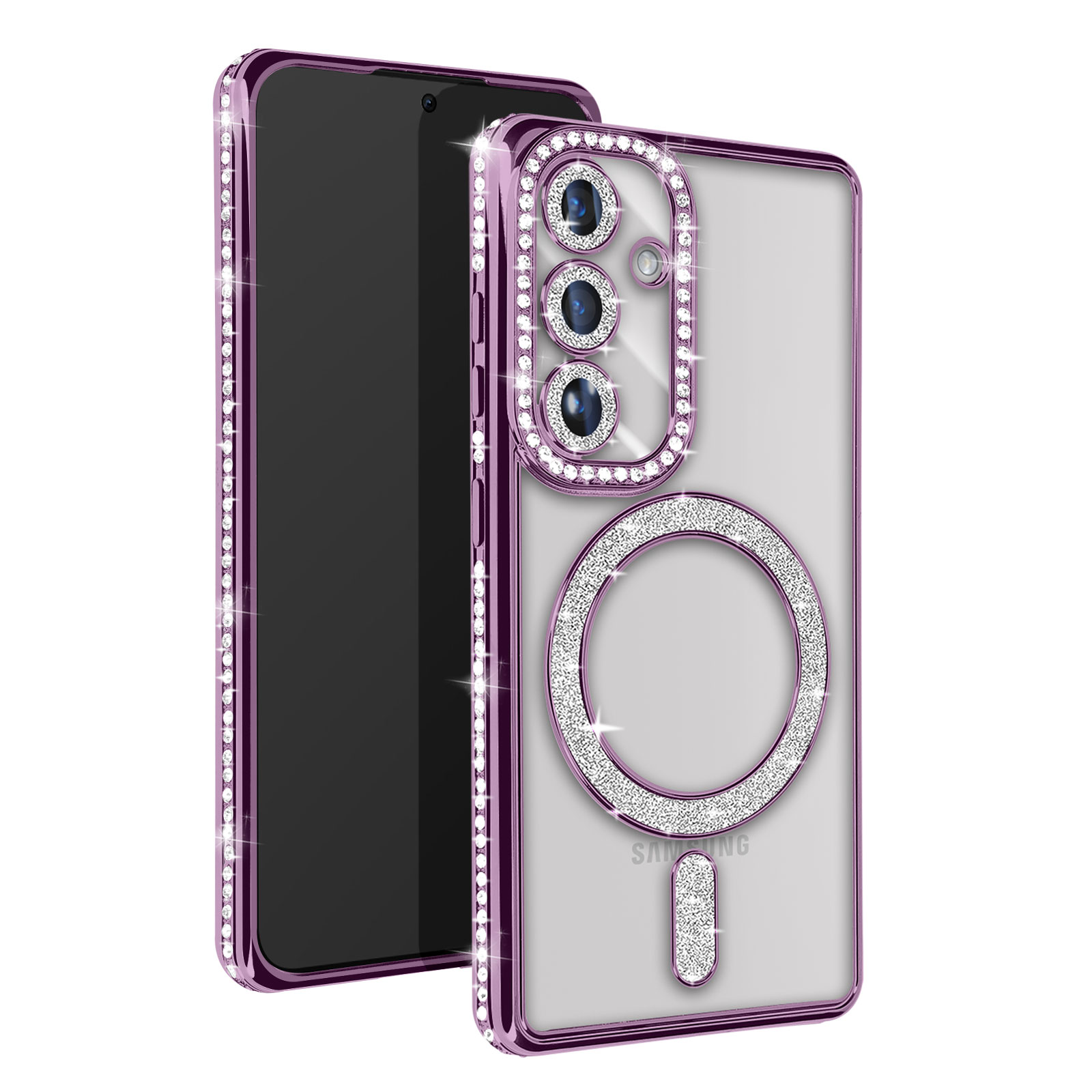 Telefono con custodia di diamanti viola e schermo nero, inclinato di lato.