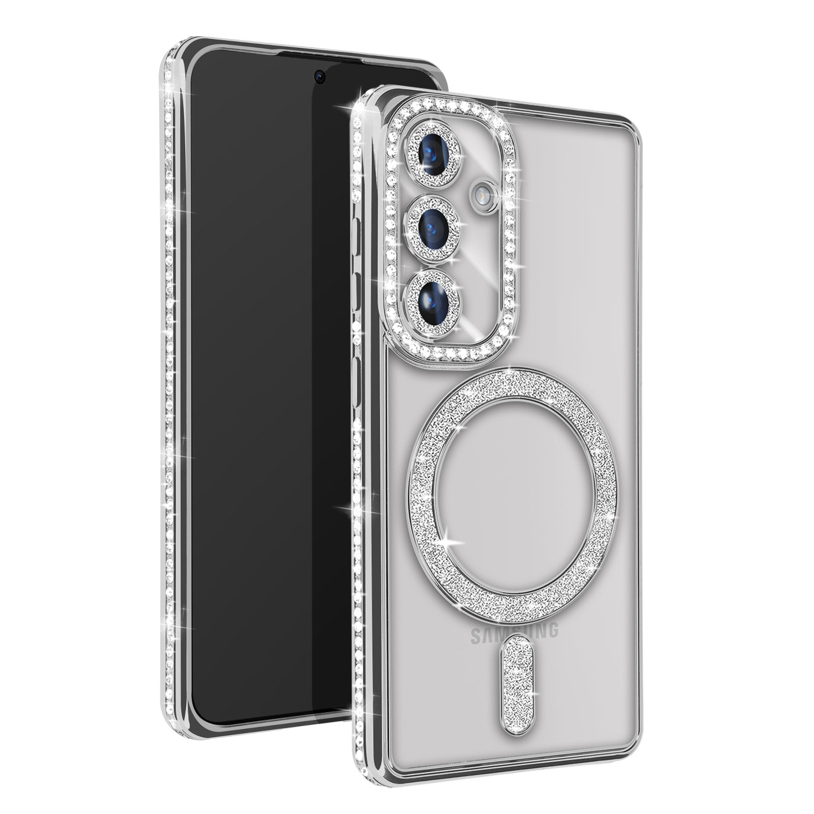 Telefono con custodia di diamanti argentati e schermo nero, inclinato di lato.