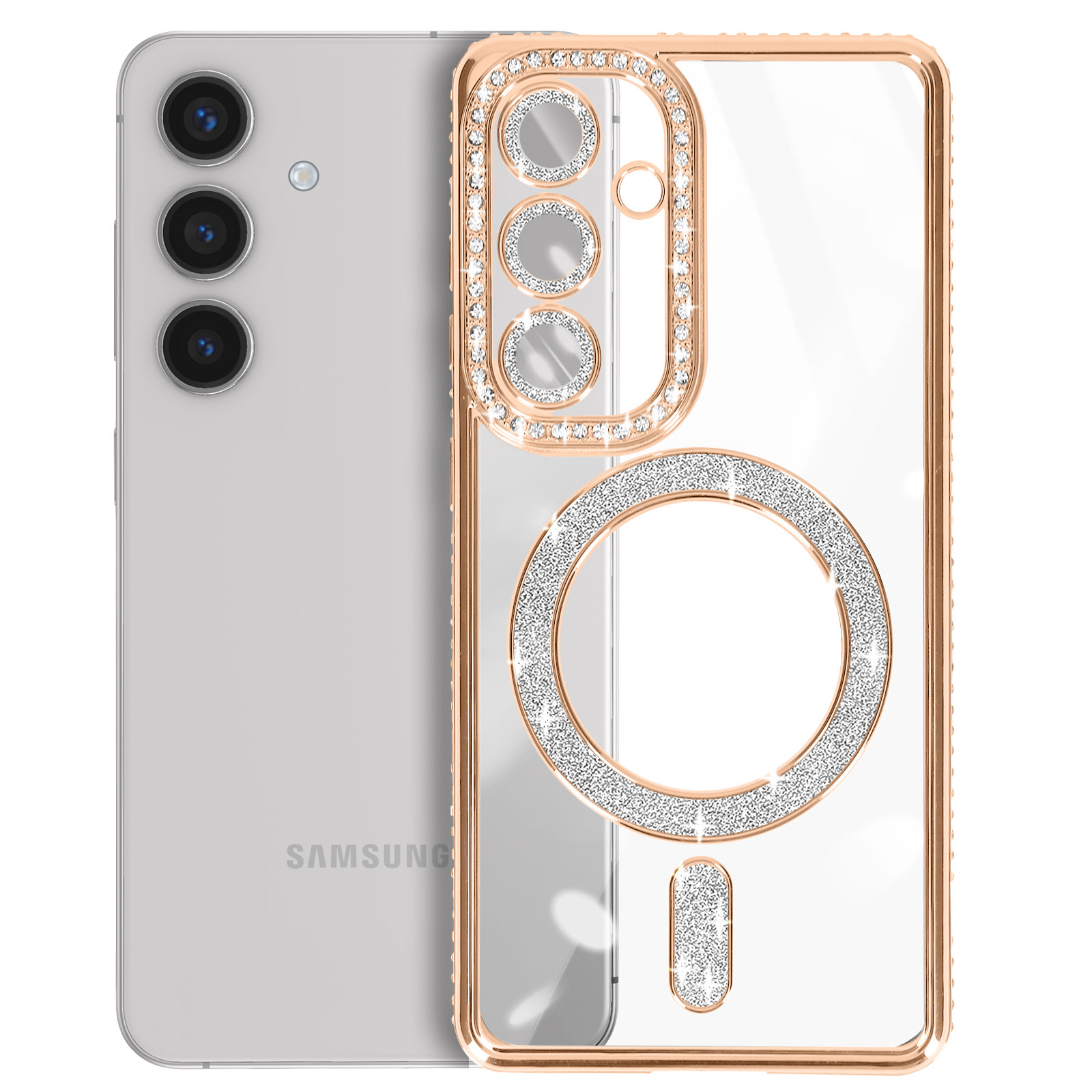 Telefono argentato con custodia in oro rosa tempestata di diamanti. Accenti circolari e rettangolari.