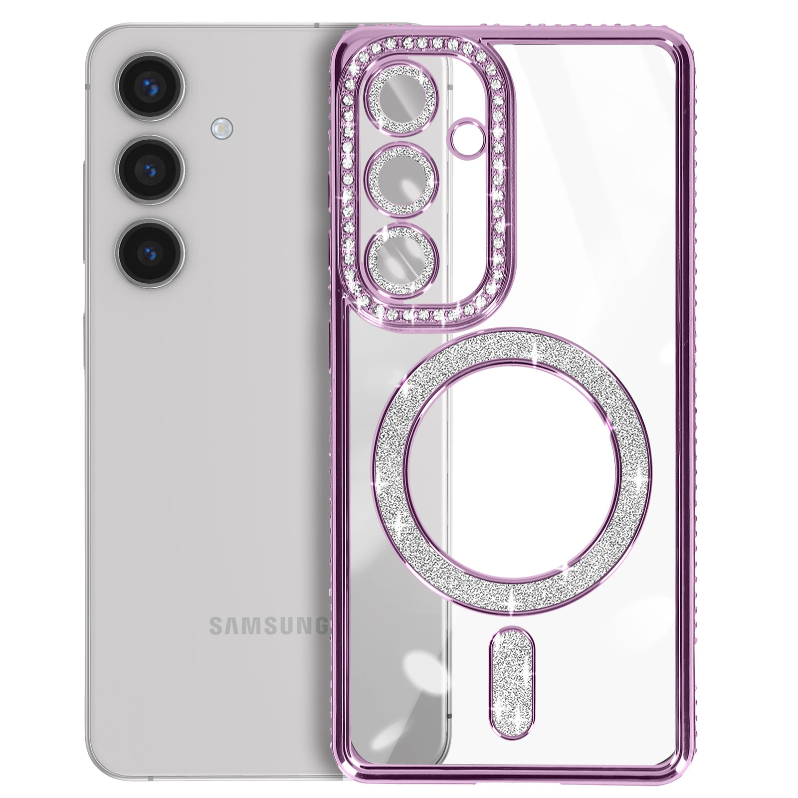 Un telefono argentato con una custodia trasparente e tempestata di strass. La custodia ha un bordo di strass.