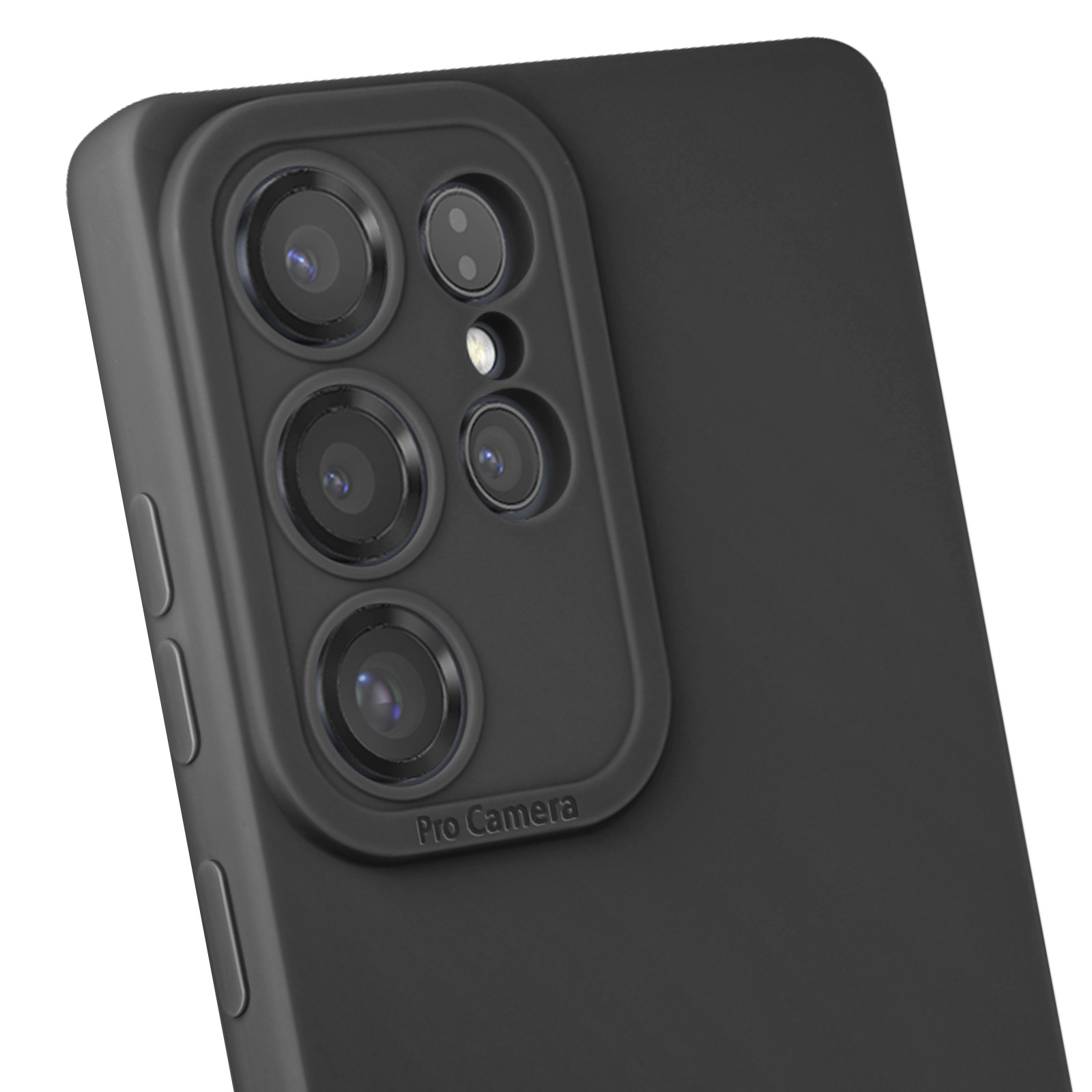 Custodia nera per telefono con protuberanza della fotocamera, etichettata 'Pro Camera'.