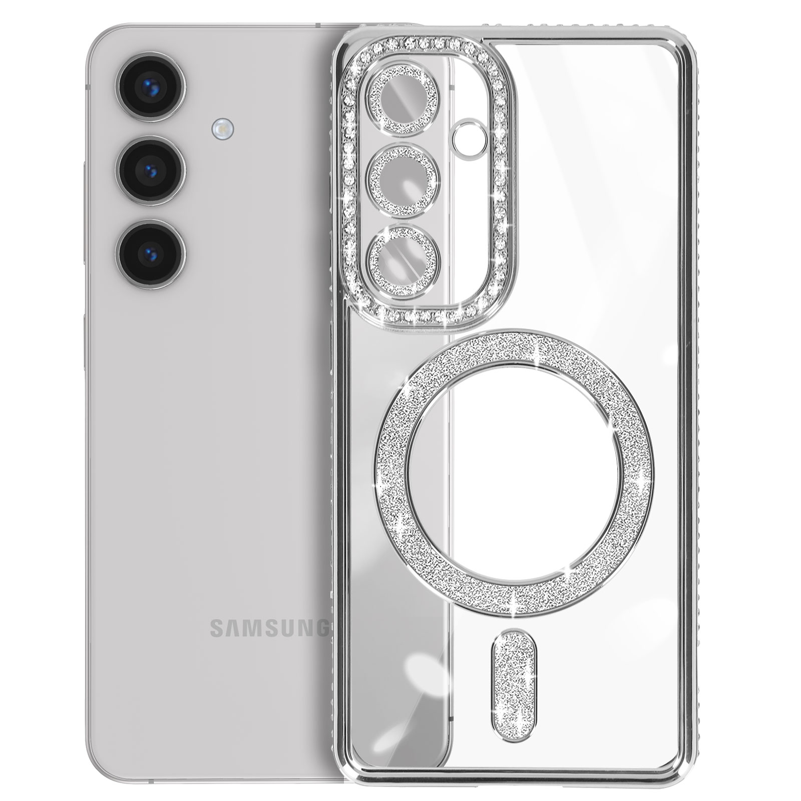 Telefono argentato con custodia di diamanti argentati. Accenti di diamanti circolari e rettangolari.