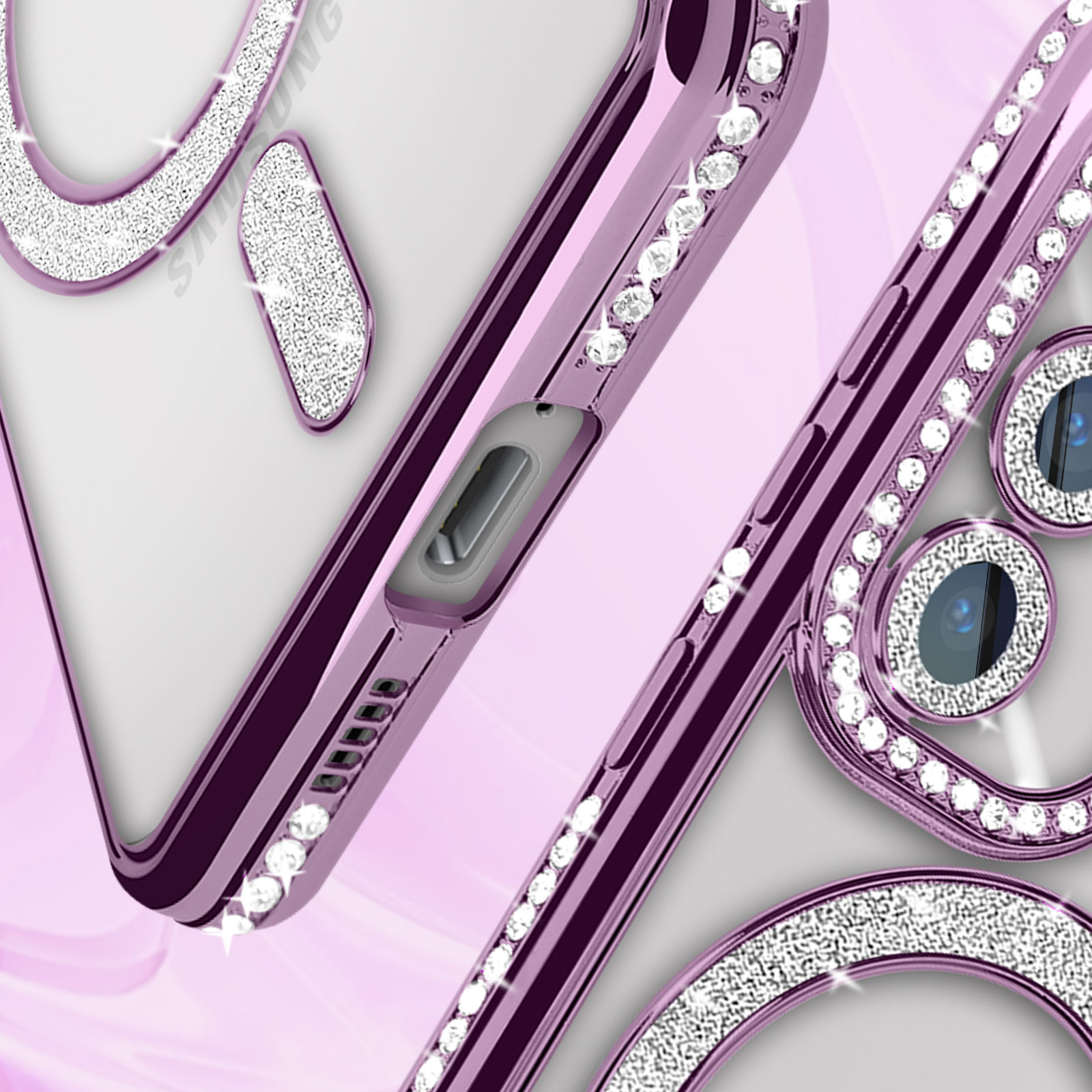 Primo piano della custodia del telefono con dettagli di diamanti. Cornice viola e retro trasparente.