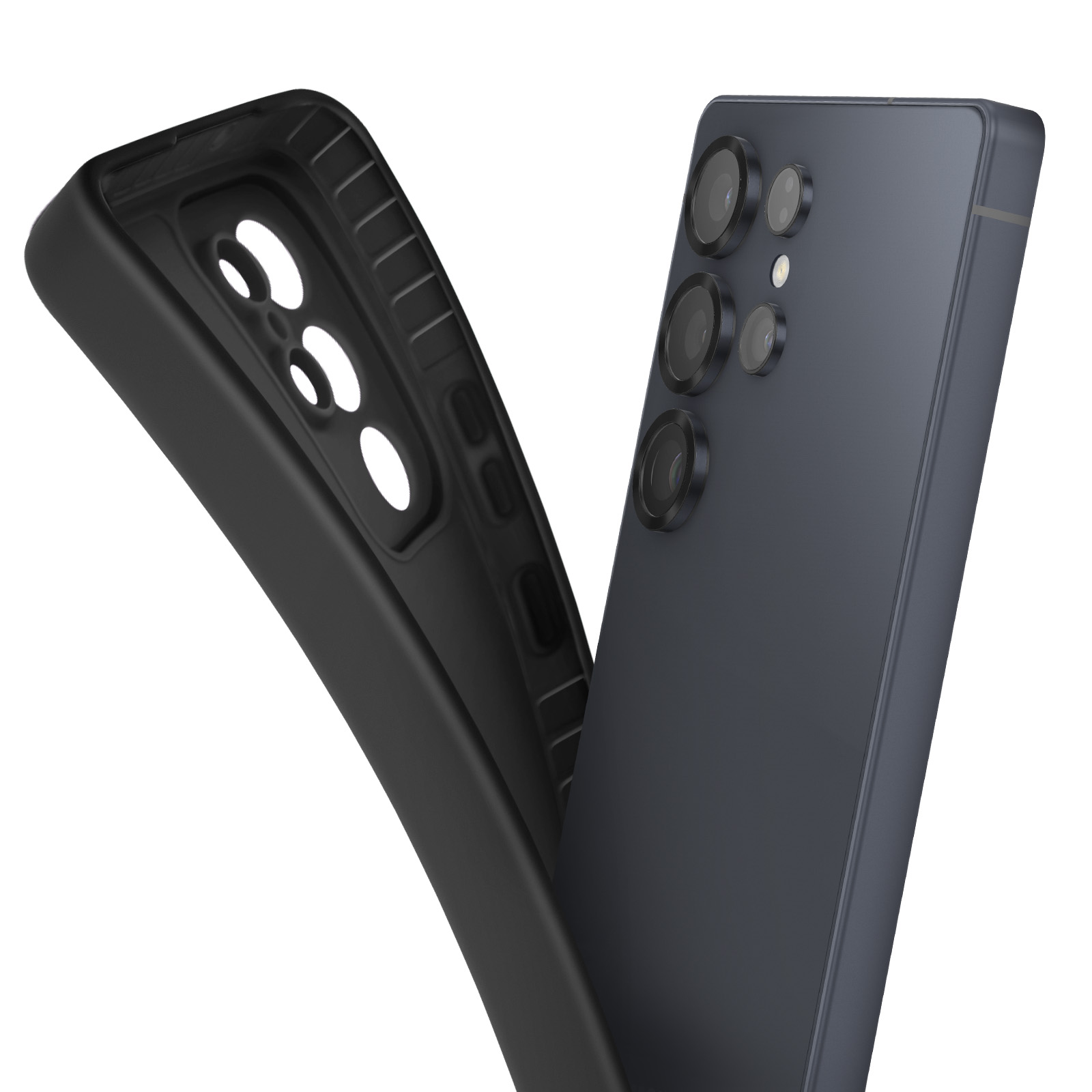 Un telefono con custodia nera, che mostra il retro con fotocamere e la custodia staccata.
