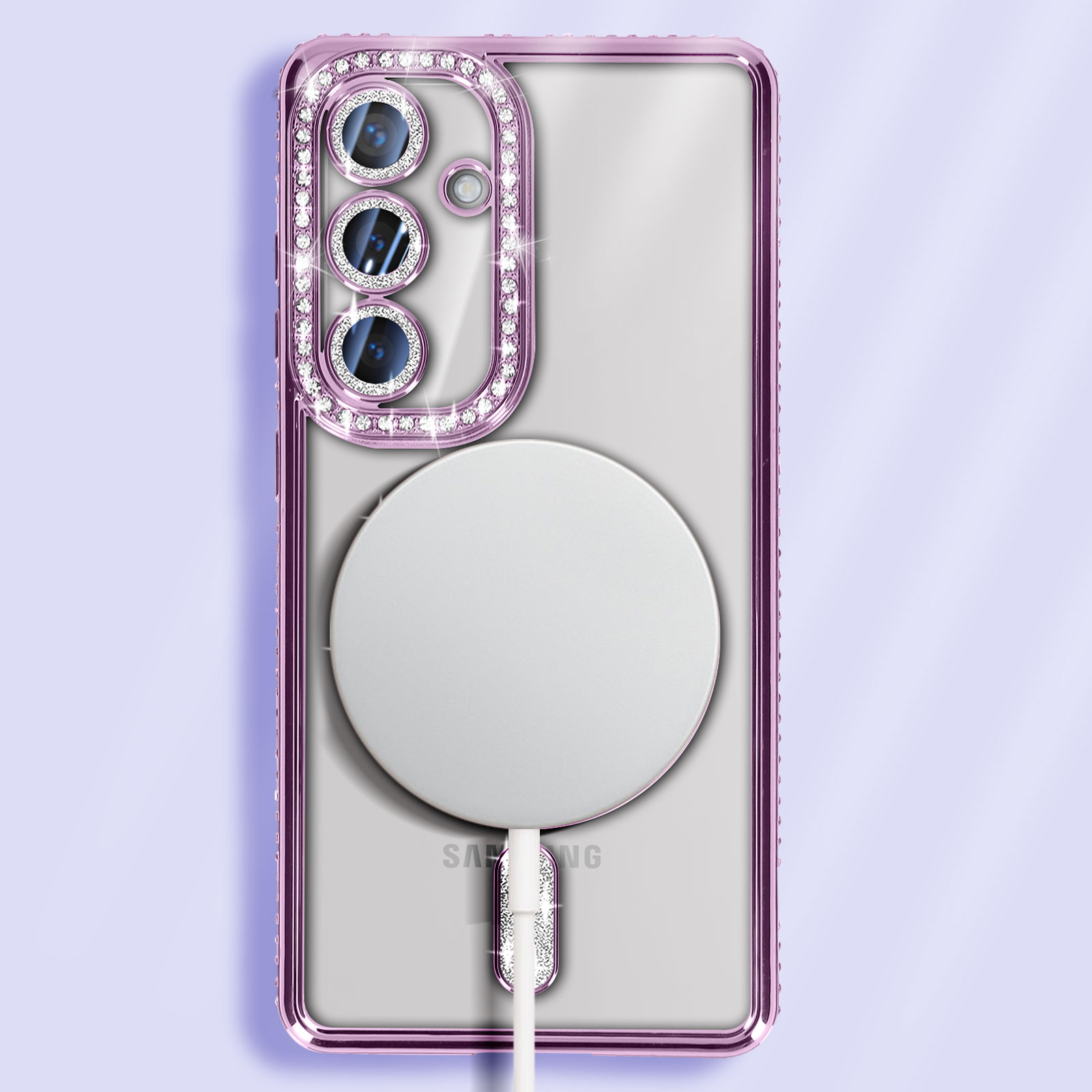 Telefono con custodia di diamanti viola e pad di ricarica bianco, con sfondo viola.