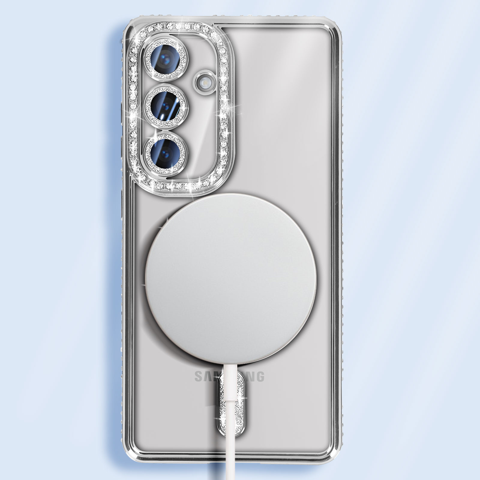 Telefono con custodia trasparente e caricatore magnetico collegato, con cornice di strass.