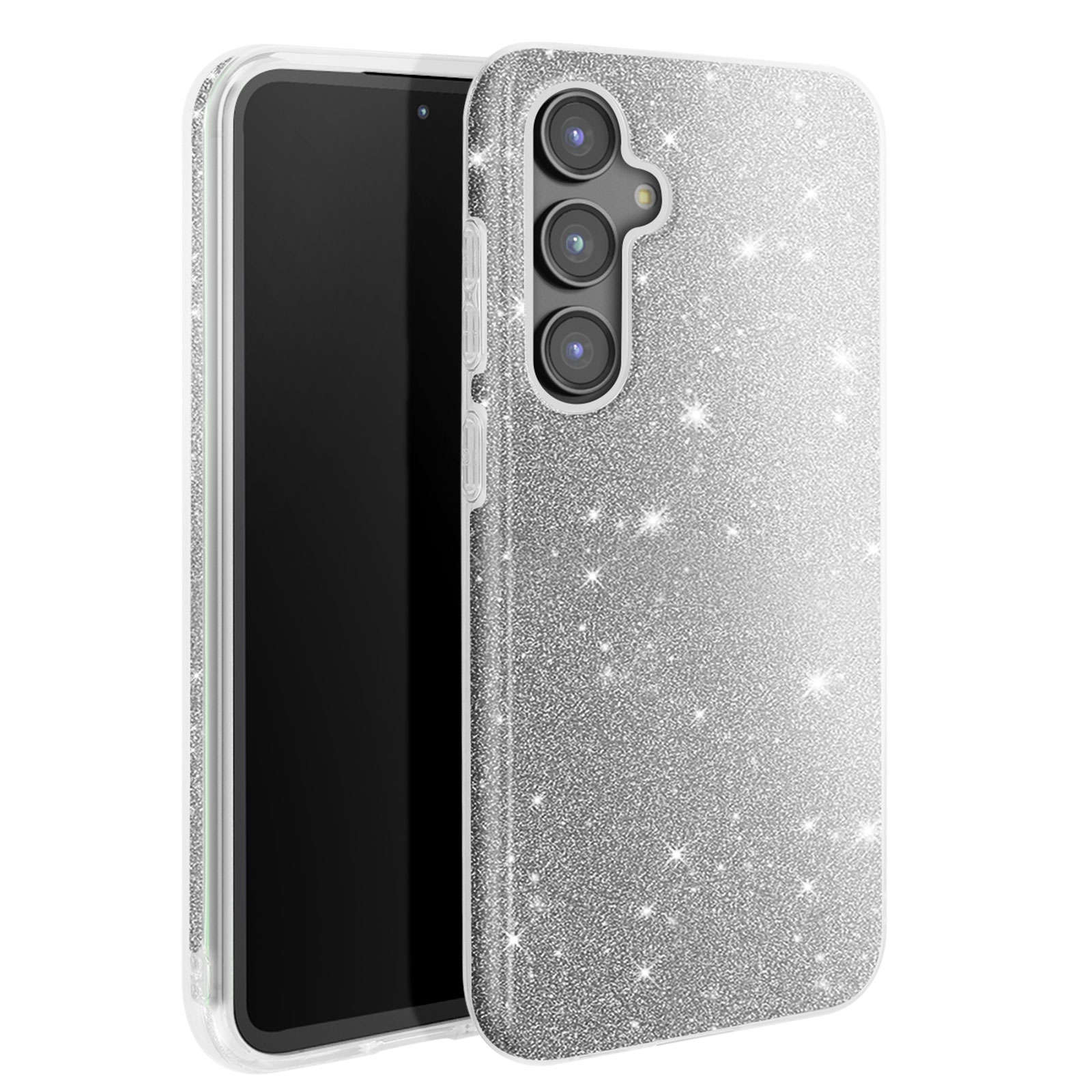 Custodia per telefono argento glitterata. Il retro ha 3 fotocamere. Lo schermo del telefono è nero.