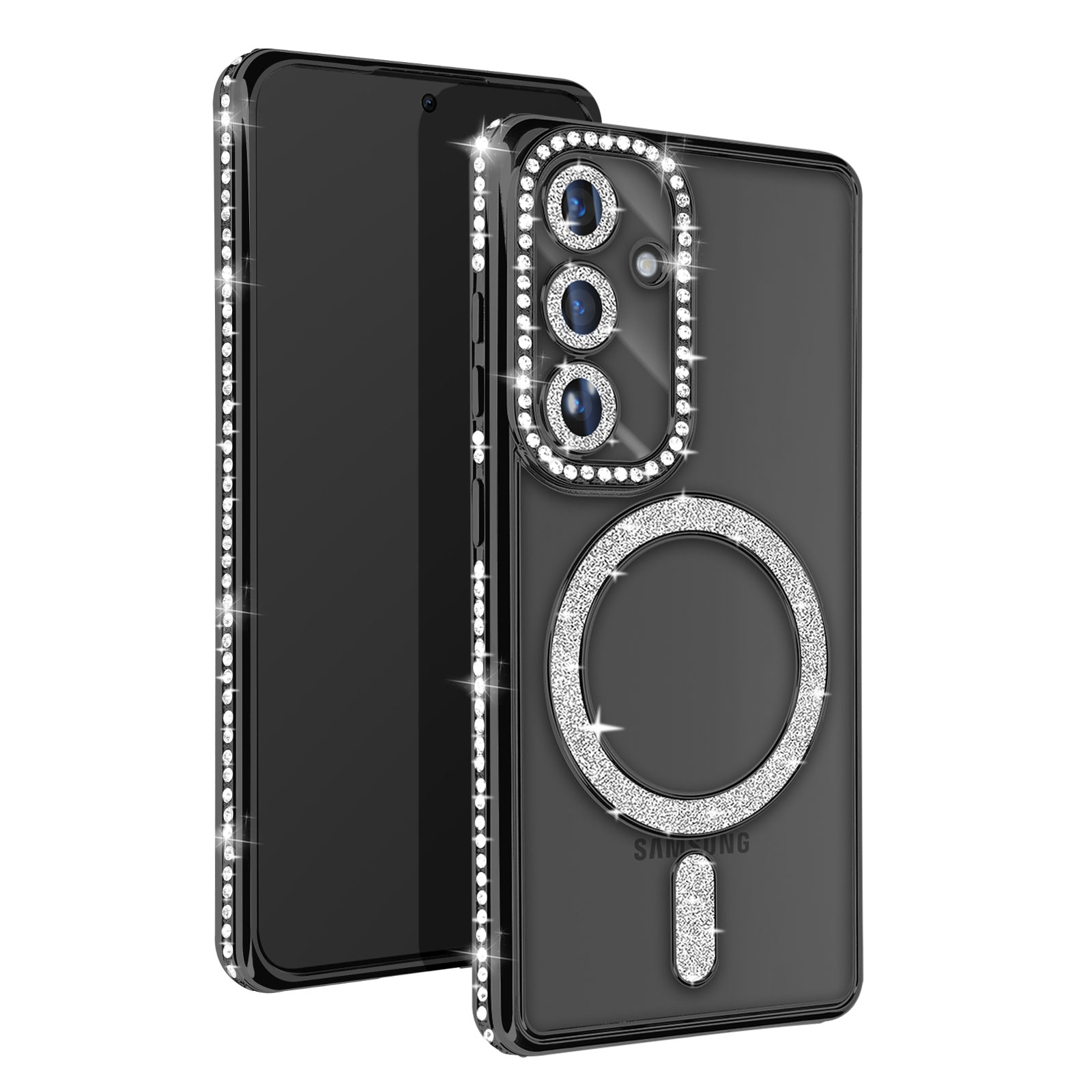 Custodia per telefono nera con anello e diamanti argentati. Lo schermo del telefono è nero. Sfondo bianco.