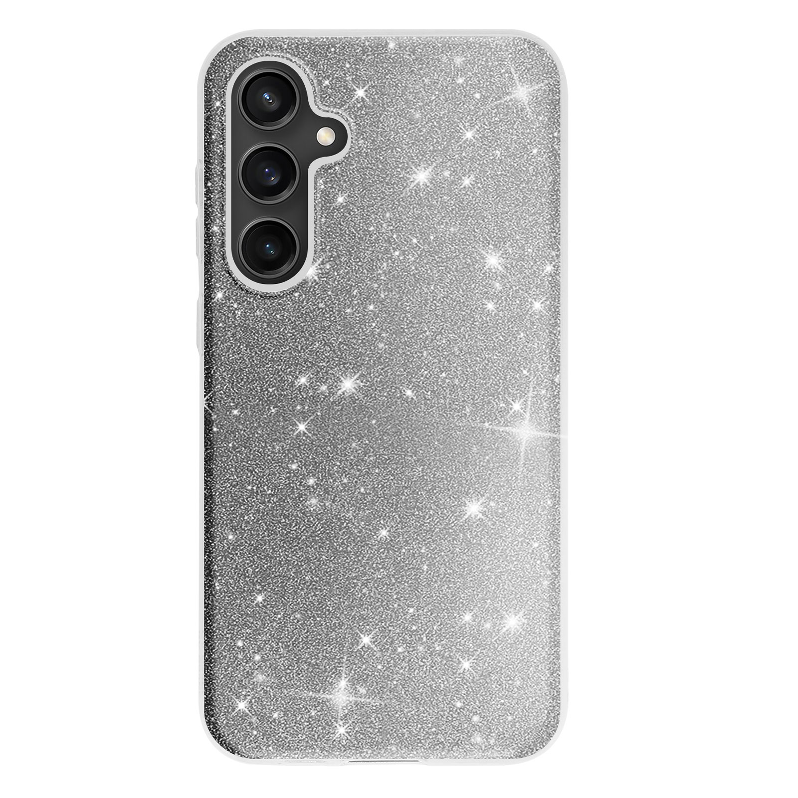 Custodia per telefono argento glitterata con tre fotocamere. Sfondo bianco. Il retro del telefono è visibile.