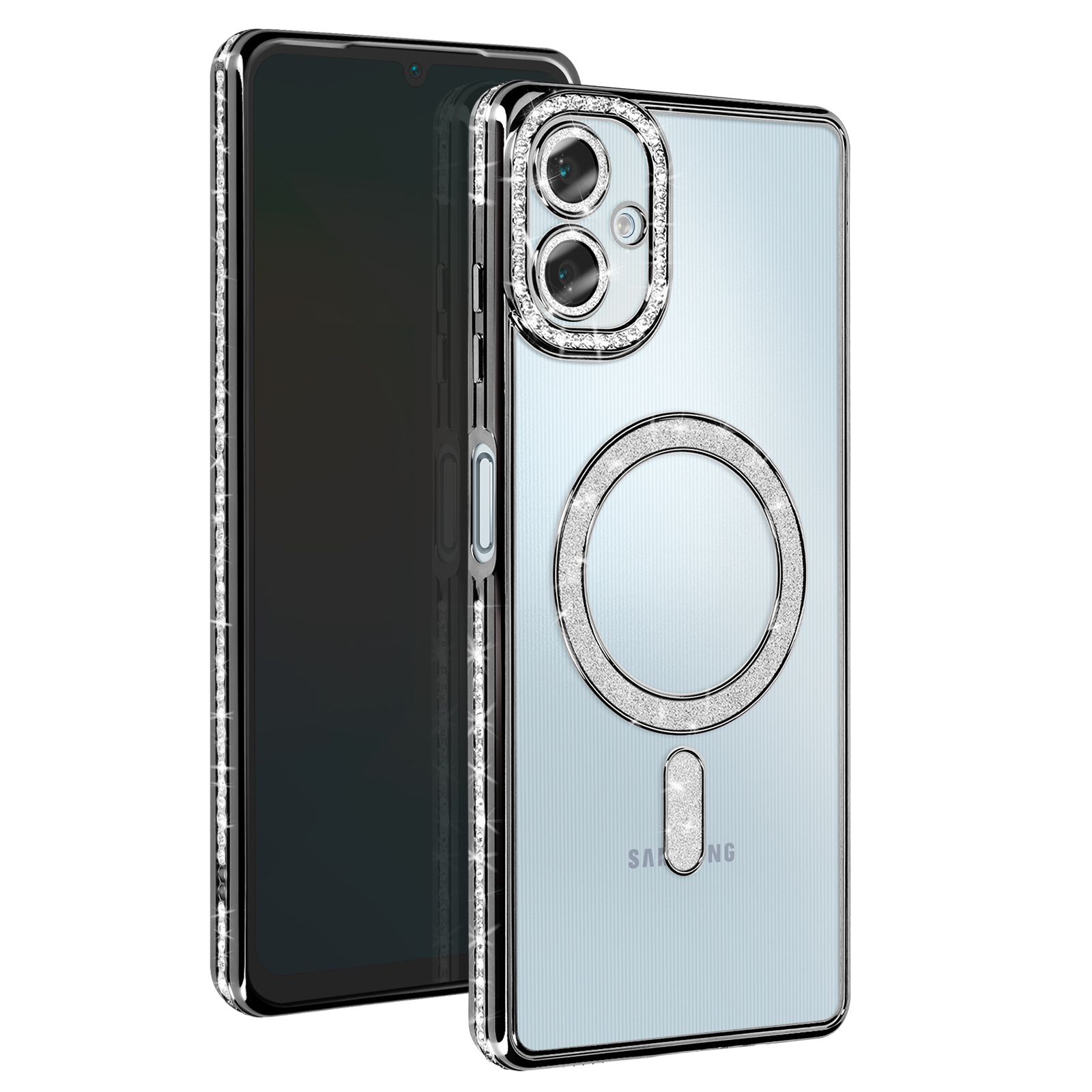 Custodia per telefono, trasparente con diamanti argentati. Il telefono ha uno schermo nero. Samsung è scritto in basso.