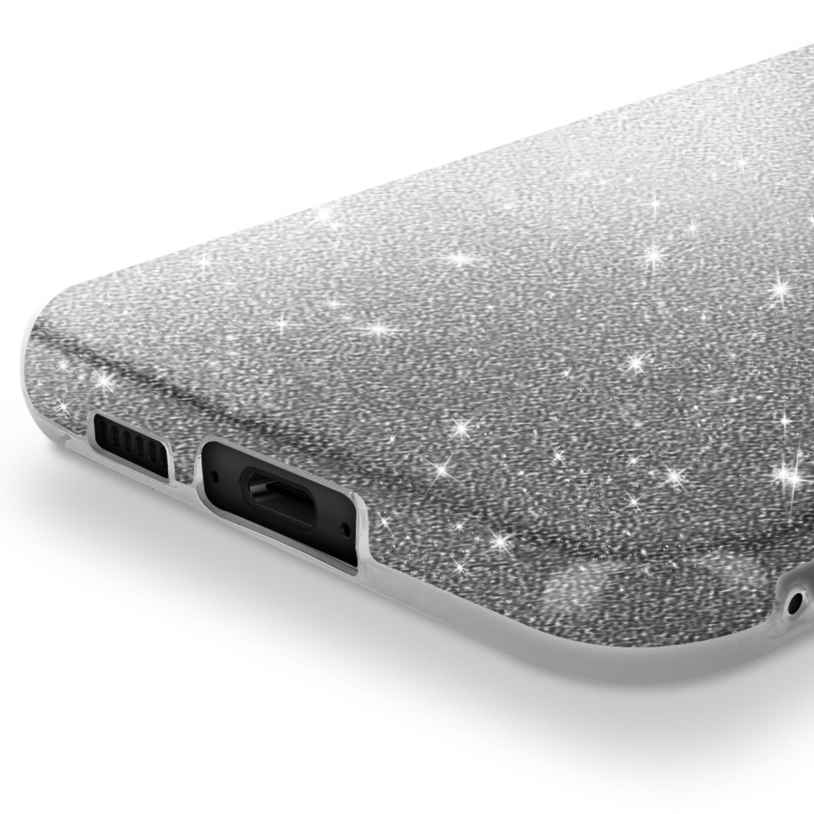 Primo piano di una custodia per telefono argento glitterata. La custodia ha un foro nero per la fotocamera e uno schermo nero.