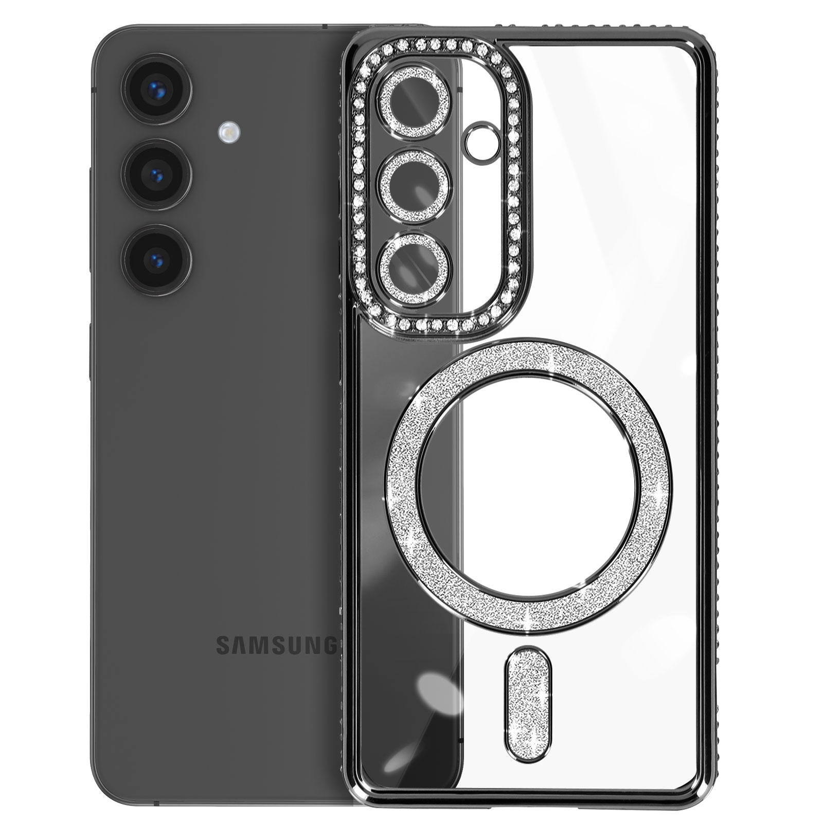Un telefono con una custodia trasparente incrostata di cristalli attorno alla fotocamera e un anello.
