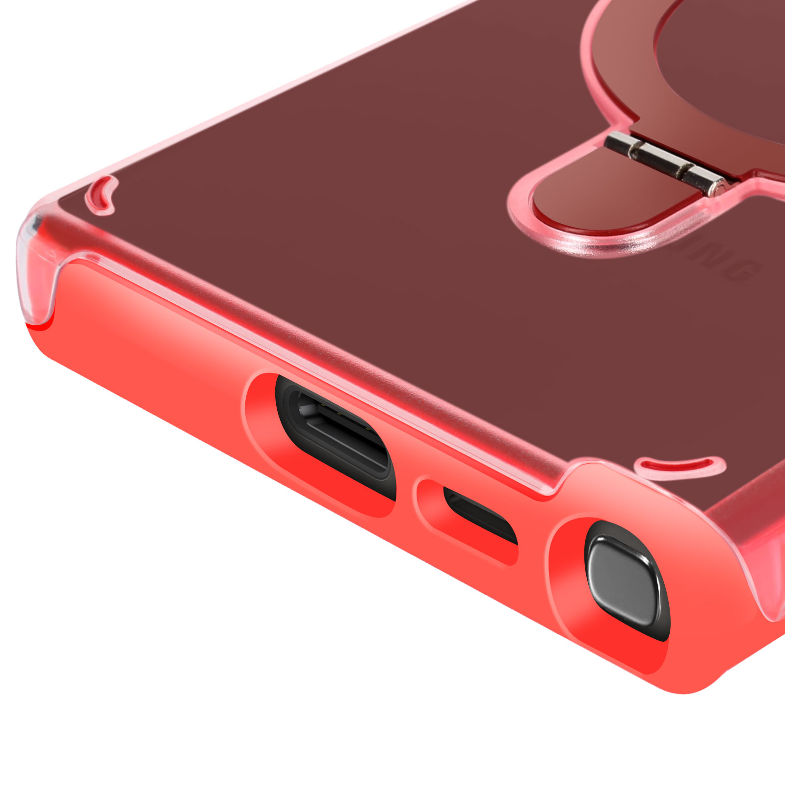 Custodia per telefono rossa. La parte inferiore del telefono ha una porta di ricarica. La custodia è trasparente.