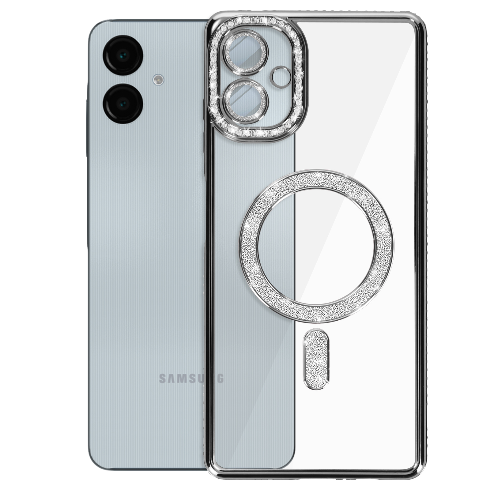 Telefono con una custodia trasparente incrostata di cristalli attorno alla fotocamera e un anello.