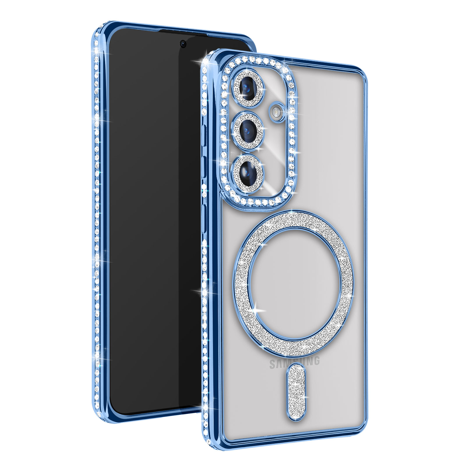Custodia per telefono blu con cristalli attorno alla fotocamera e ai bordi. Il telefono è nero.