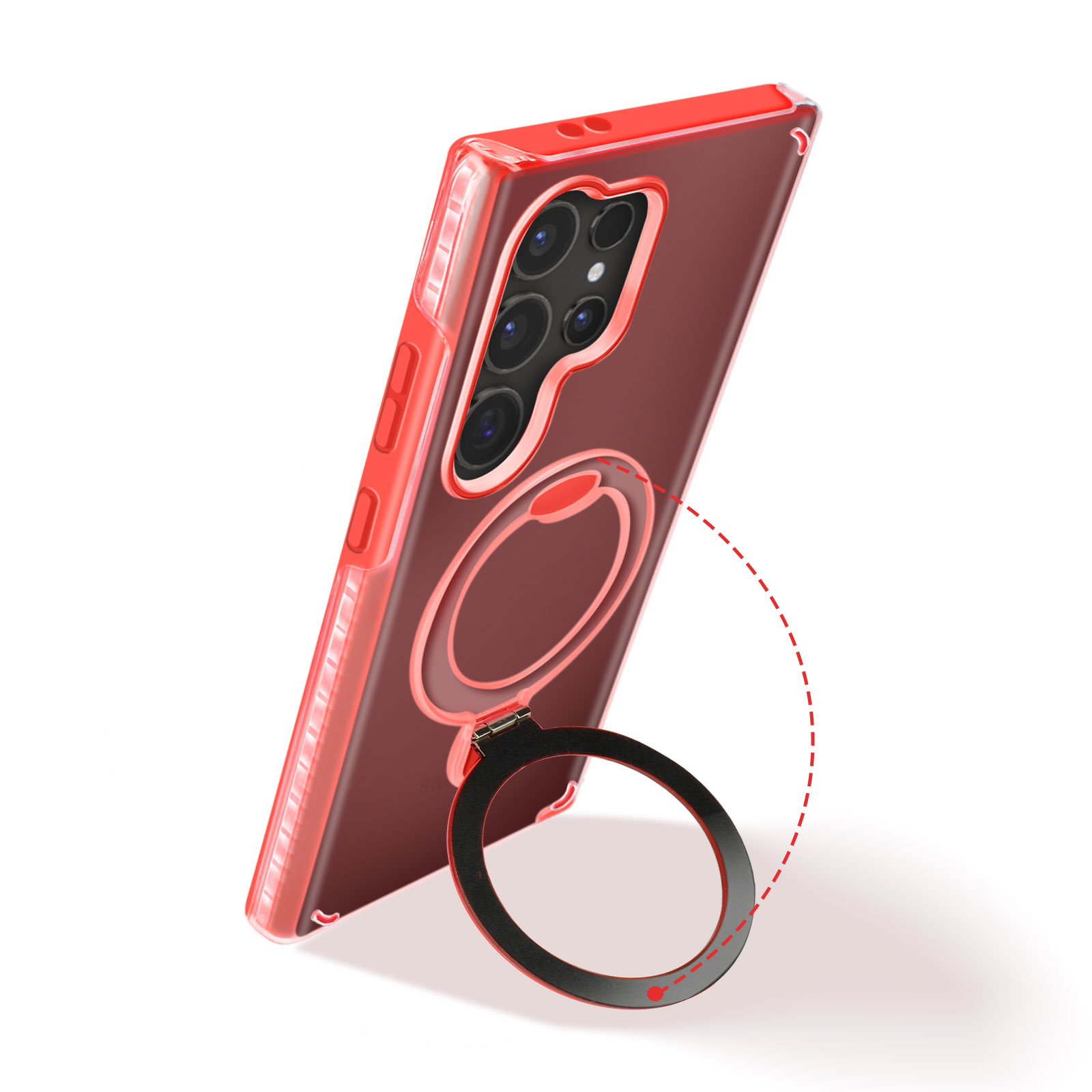 Custodia per telefono rossa con un anello che può essere utilizzato come supporto. Il telefono è su uno sfondo bianco.