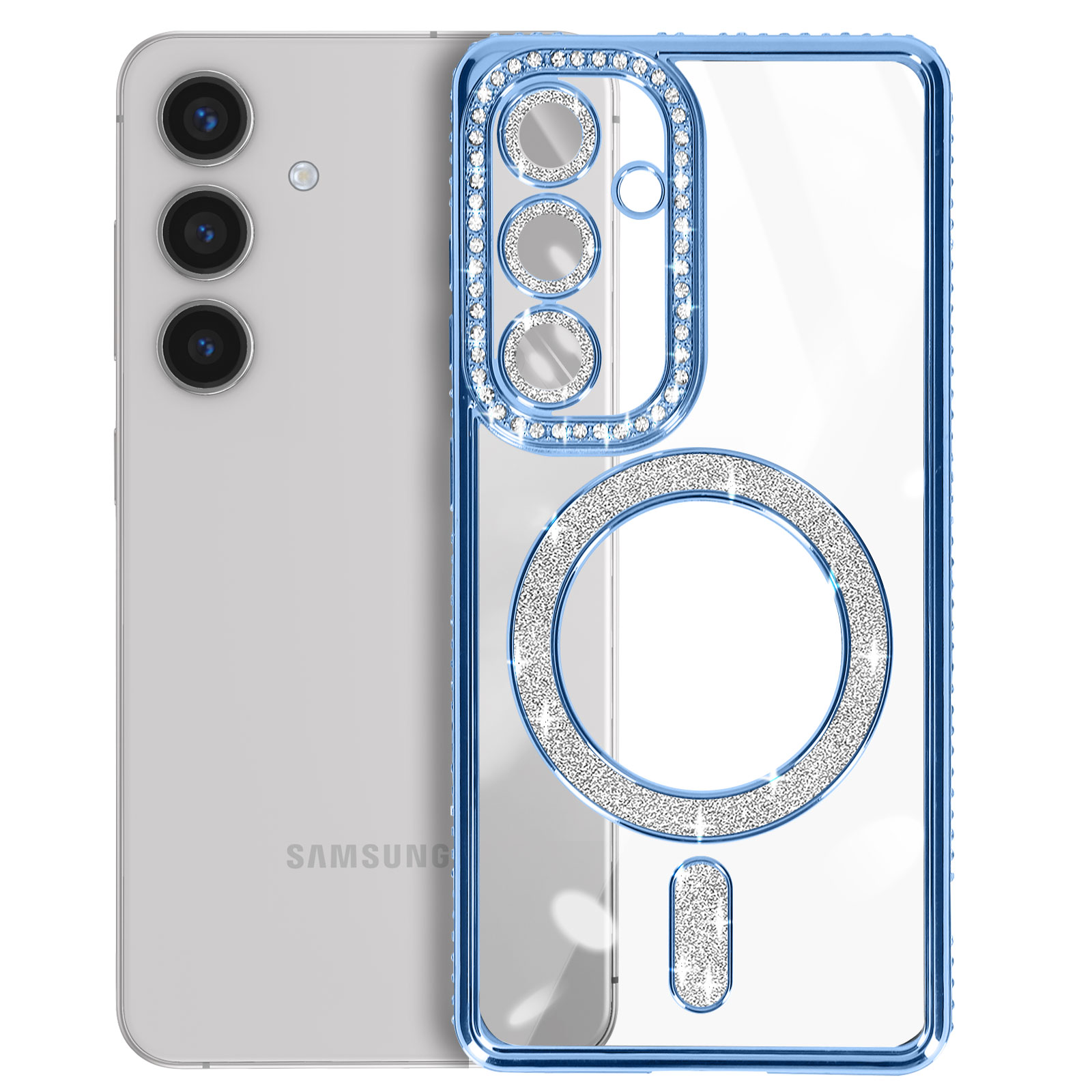 Custodia per telefono blu con cristalli attorno alla fotocamera e ai bordi. Il telefono è nero.