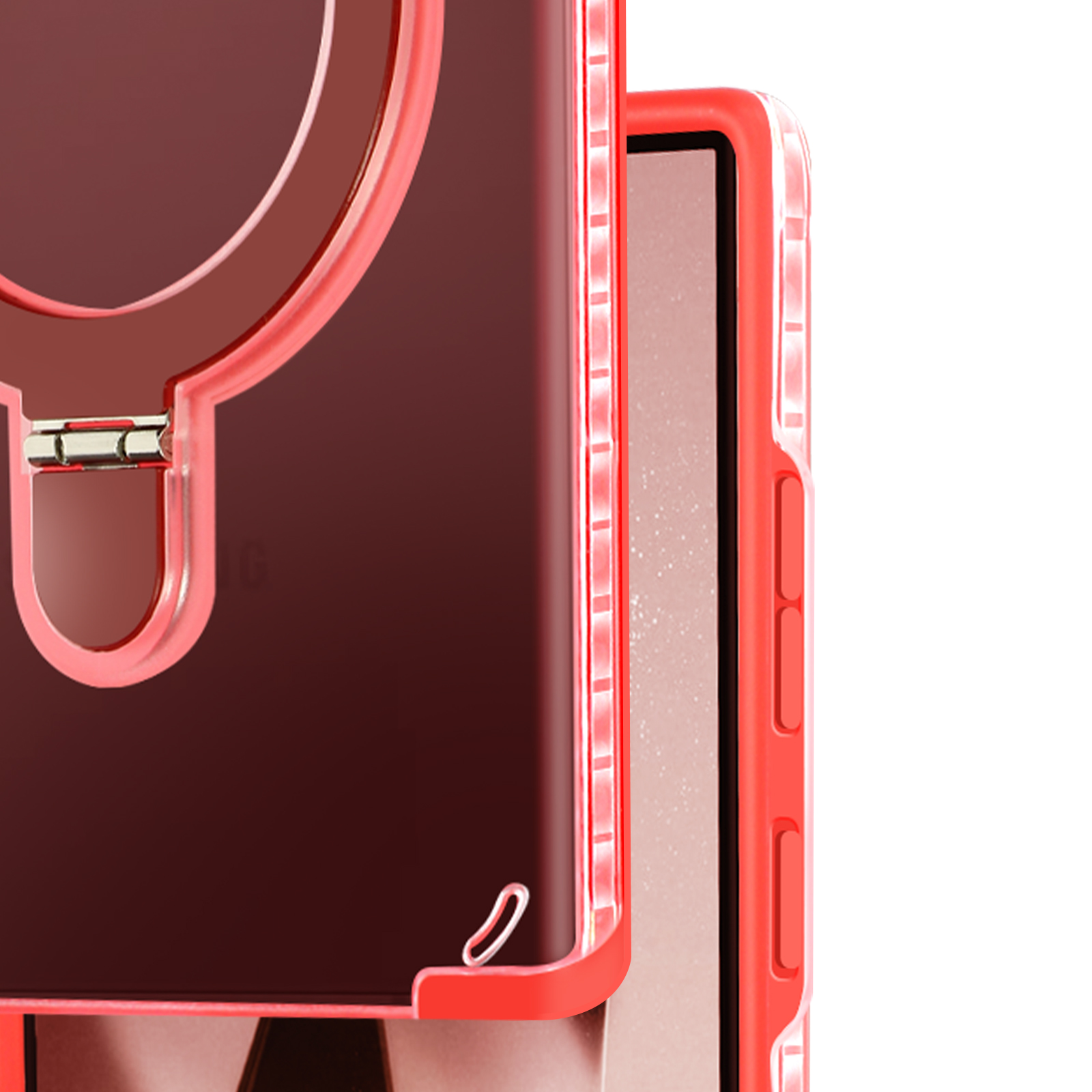 Primo piano di una custodia rossa per telefono su un telefono. La custodia è sul lato.