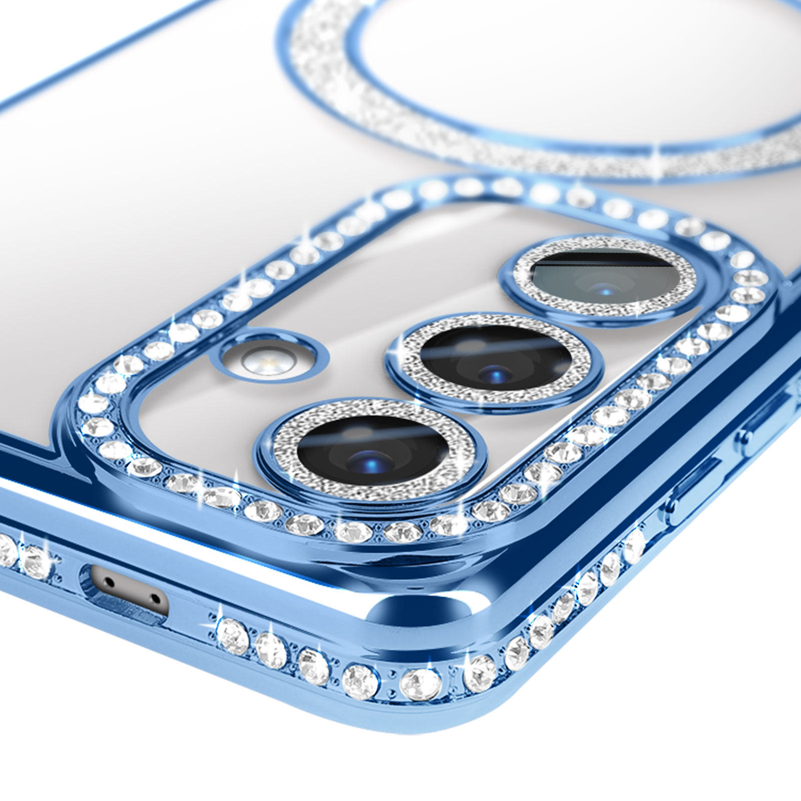 Primo piano di una custodia per telefono blu con cristalli attorno alle lenti della fotocamera. Il telefono è nero.