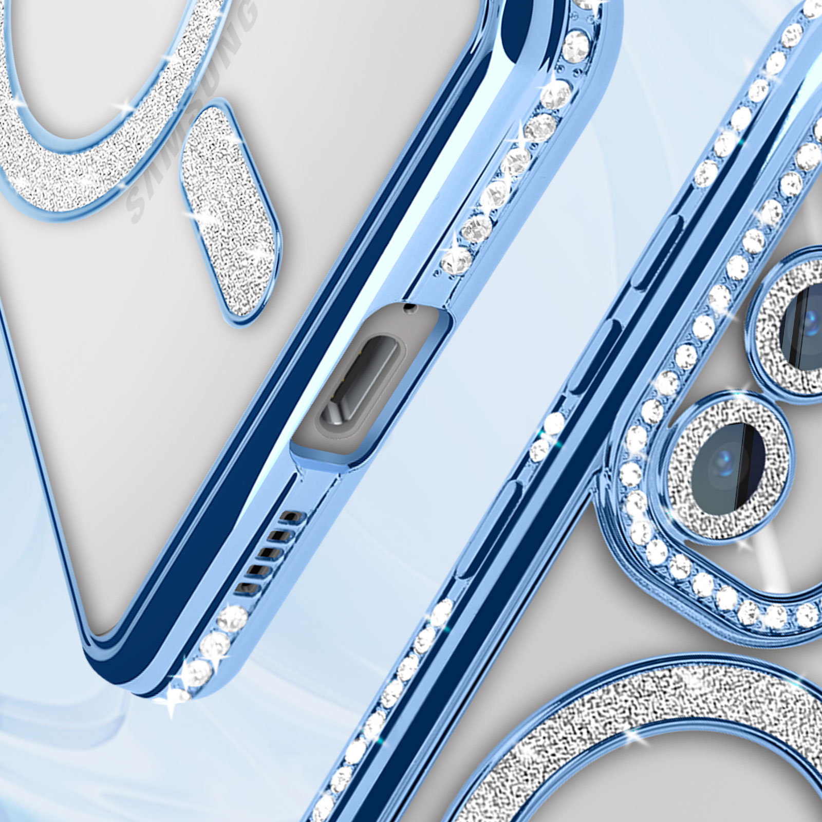 Primo piano di una custodia per telefono. Custodia blu con strass attorno alla fotocamera.