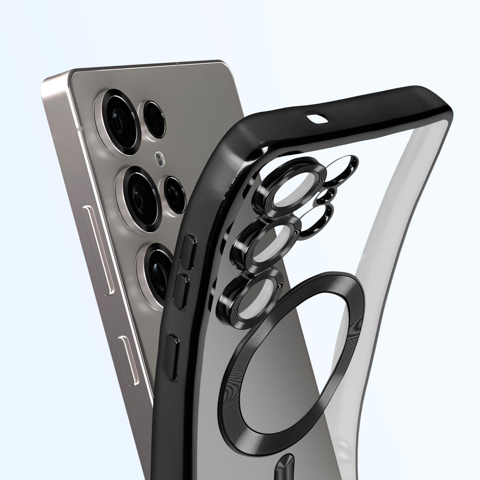 Due telefoni. Uno ha una custodia nera con un anello nero attorno alle fotocamere.