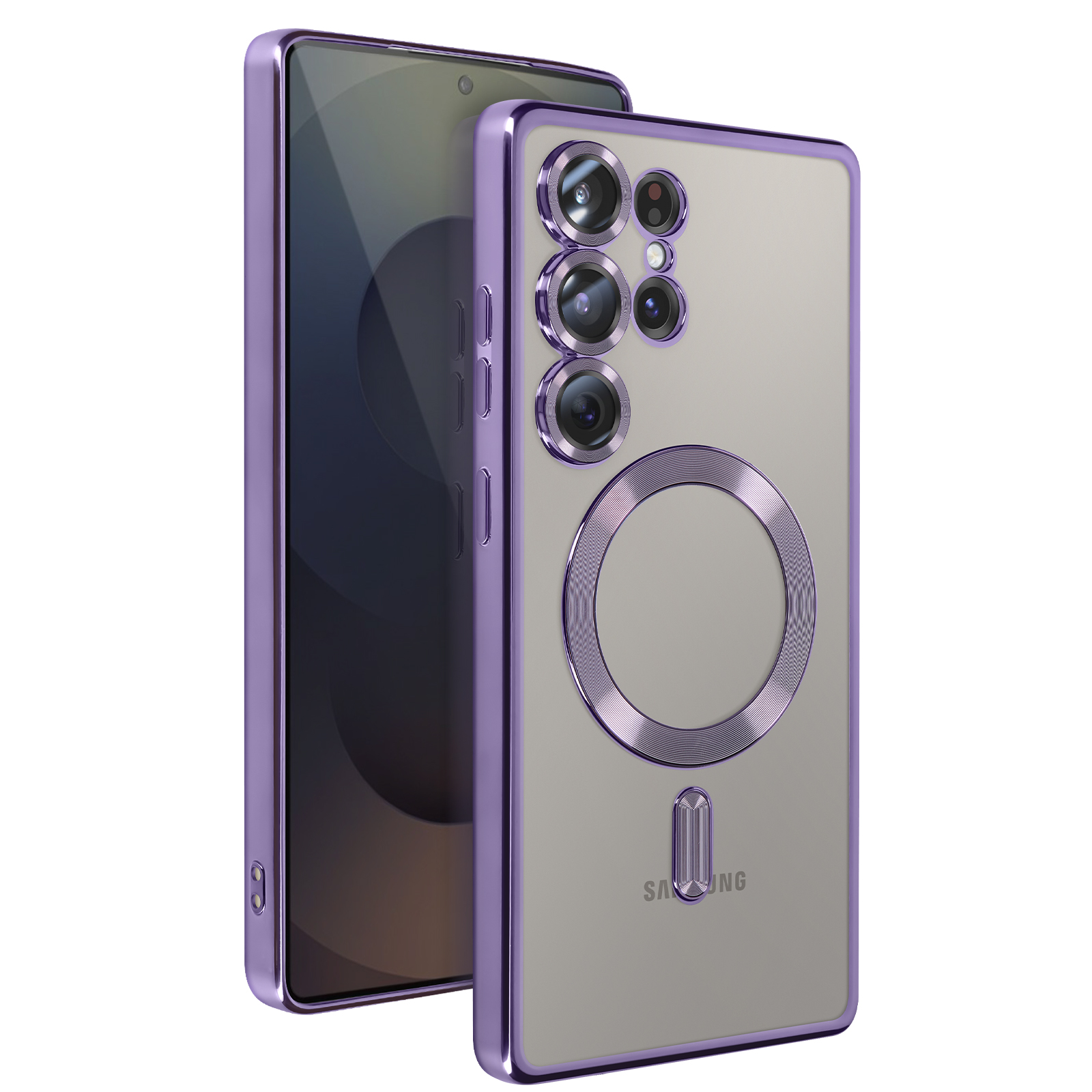 Due telefoni, uno in una custodia viola. La custodia ha un anello viola attorno alle fotocamere.
