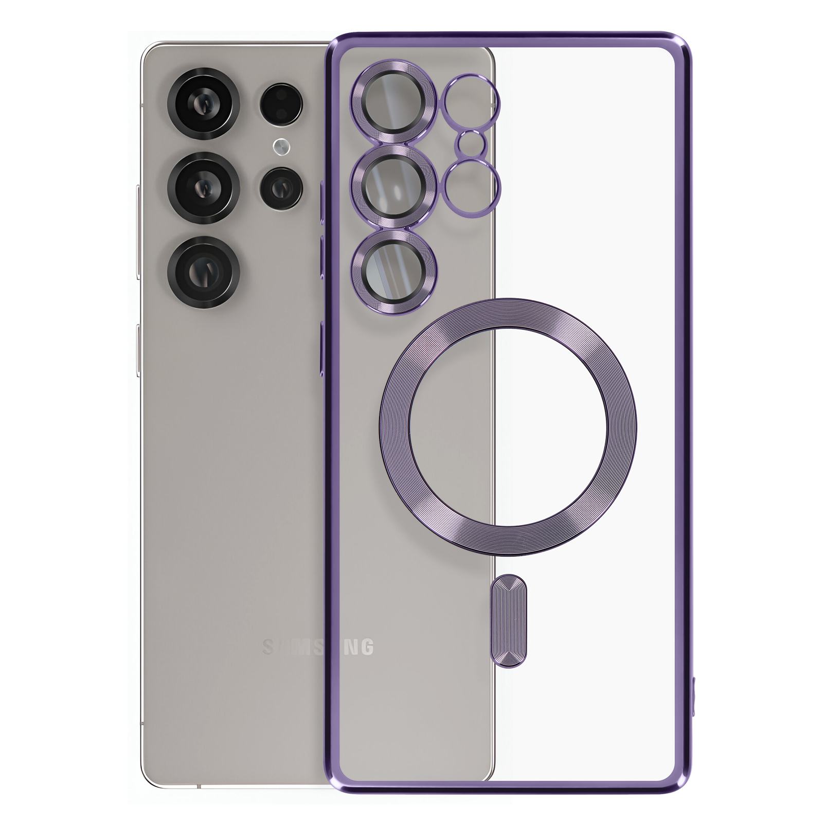 Due telefoni, uno in una custodia viola. La custodia ha un anello viola attorno alle fotocamere.