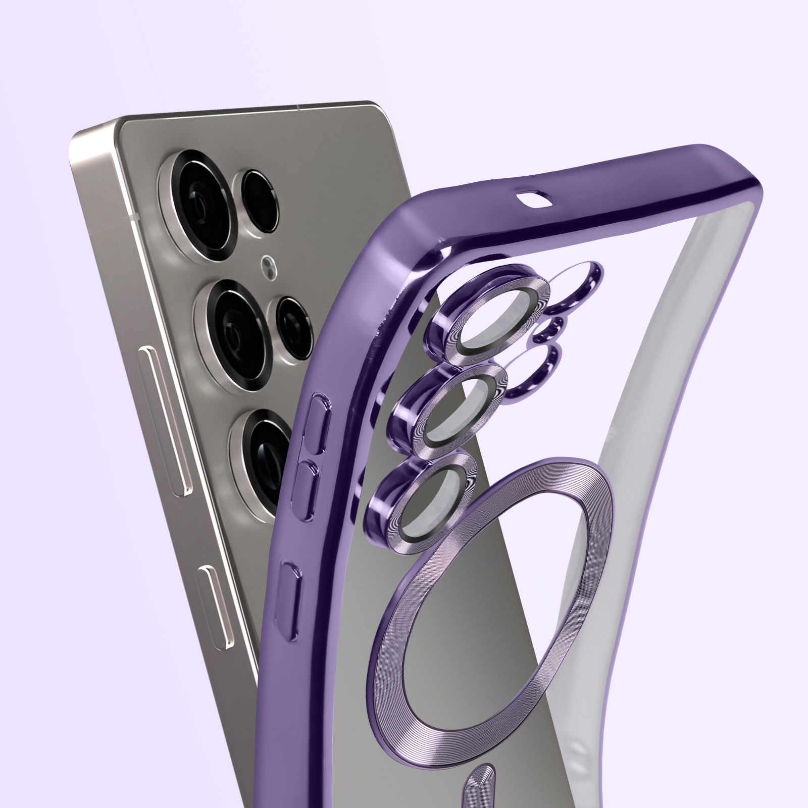 Un telefono argentato è accanto a una custodia viola trasparente. La custodia ha un anello per la fotocamera e un anello magnetico.