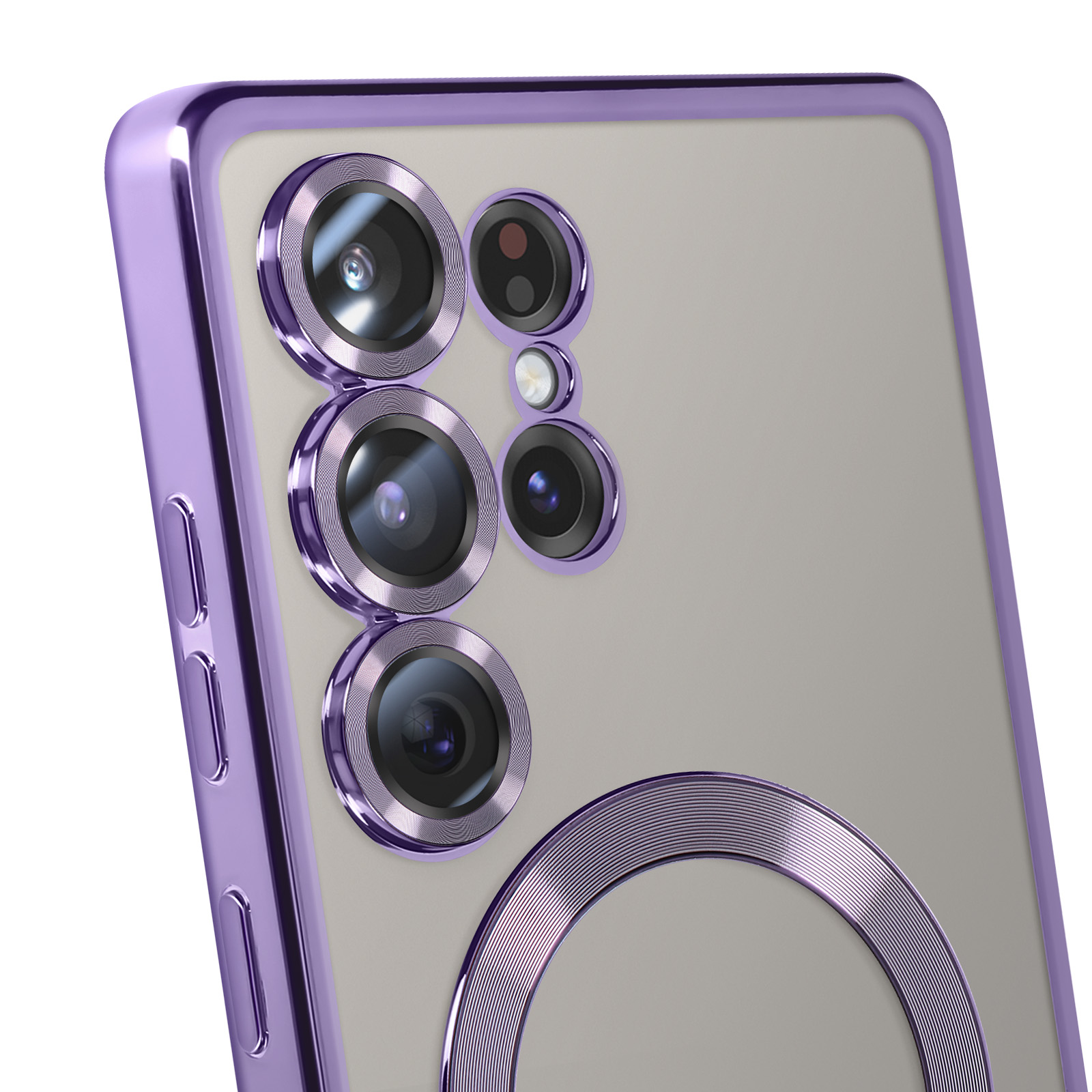 Primo piano di un telefono. Anello viola attorno alle fotocamere. Il telefono è in una custodia trasparente.