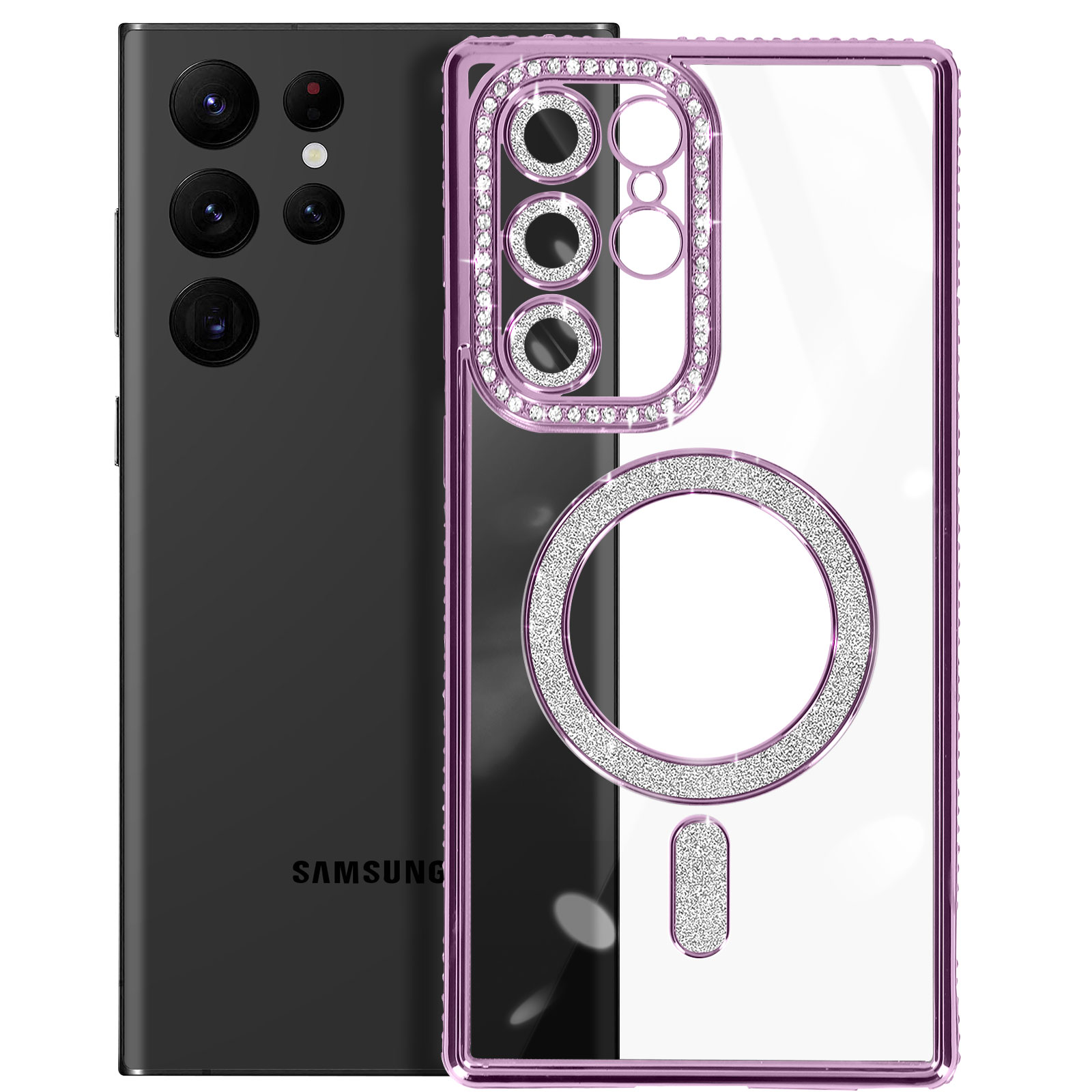 Schwarzes Samsung-Telefon mit einer lila Kristall-Handyhülle. Die Hülle hat Ring- und Kameraakzente.