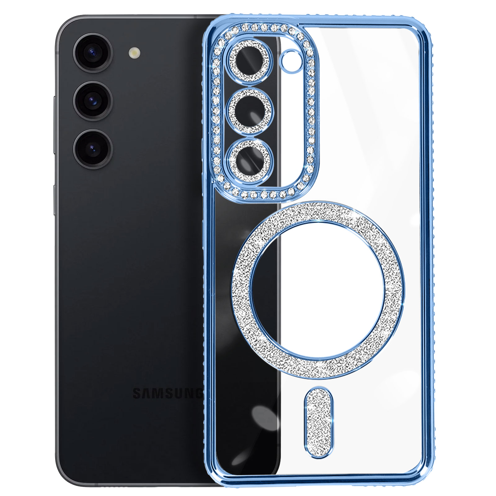 Telefono Samsung nero con custodia blu in cristallo. La custodia ha anelli e dettagli fotocamera.