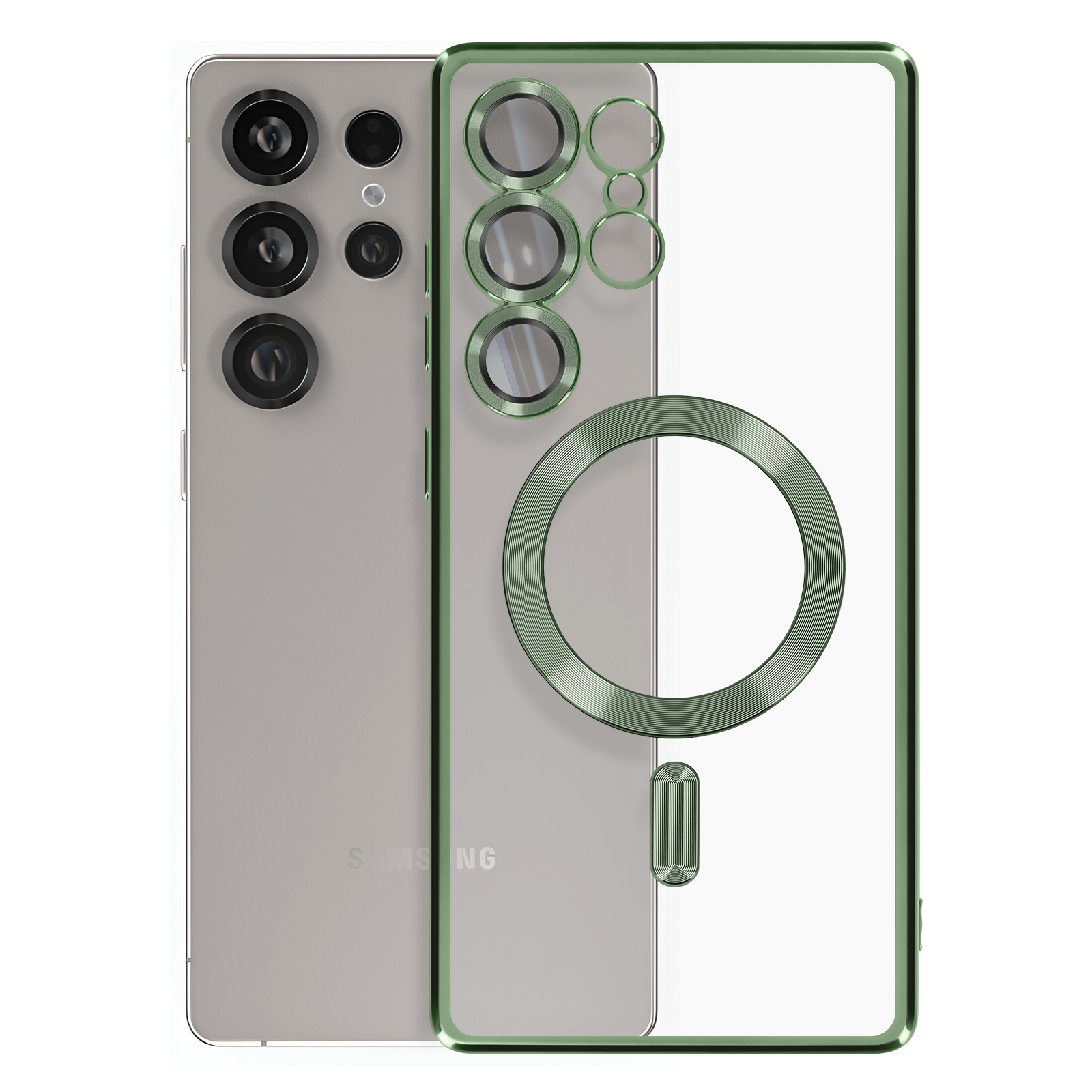 Due telefoni, uno in una custodia verde. La custodia ha un anello verde attorno alle fotocamere.