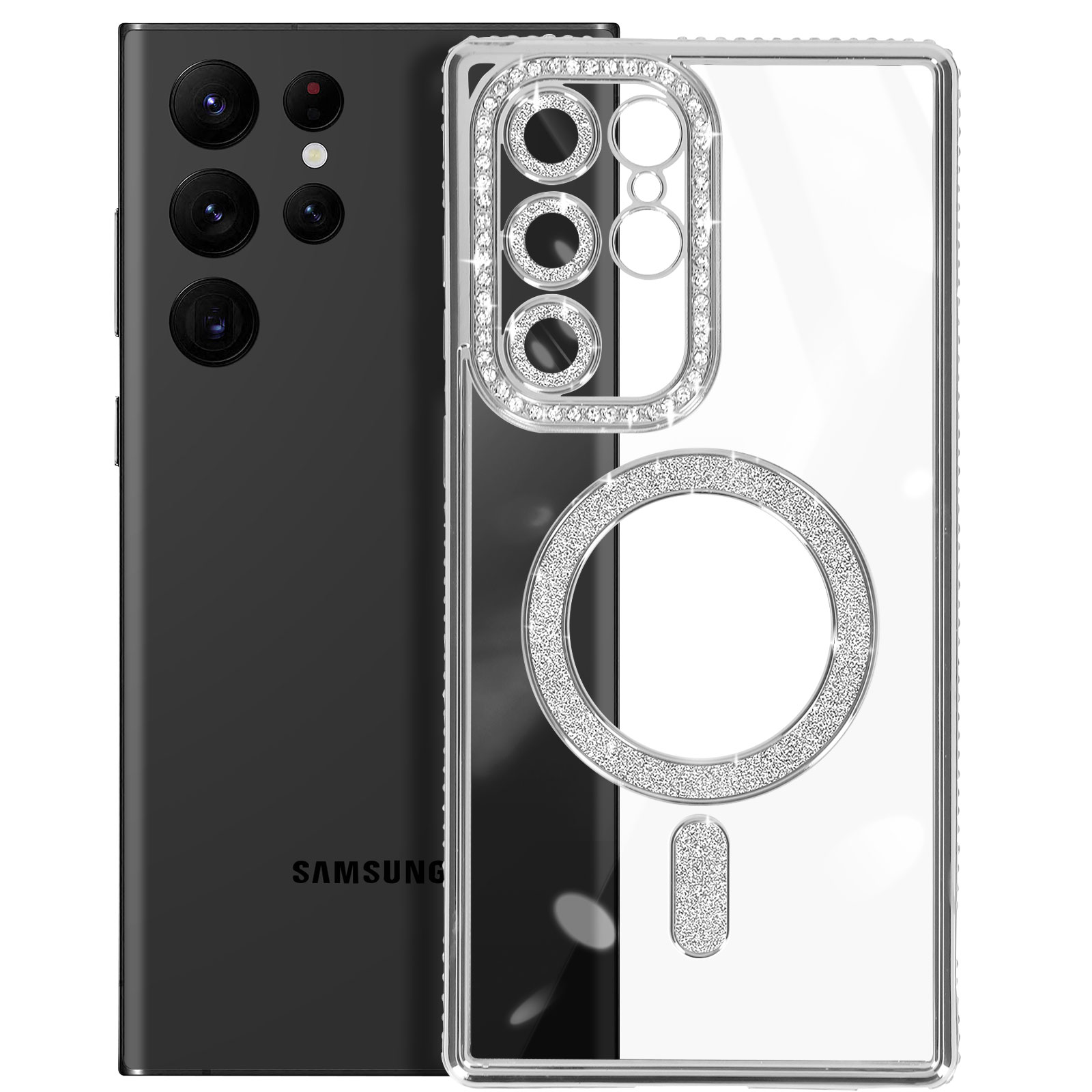 Transparente Handyhülle mit Kristallakzenten auf einem schwarzen Samsung-Telefon. Die Hülle hat Ring- und Kameraakzente.