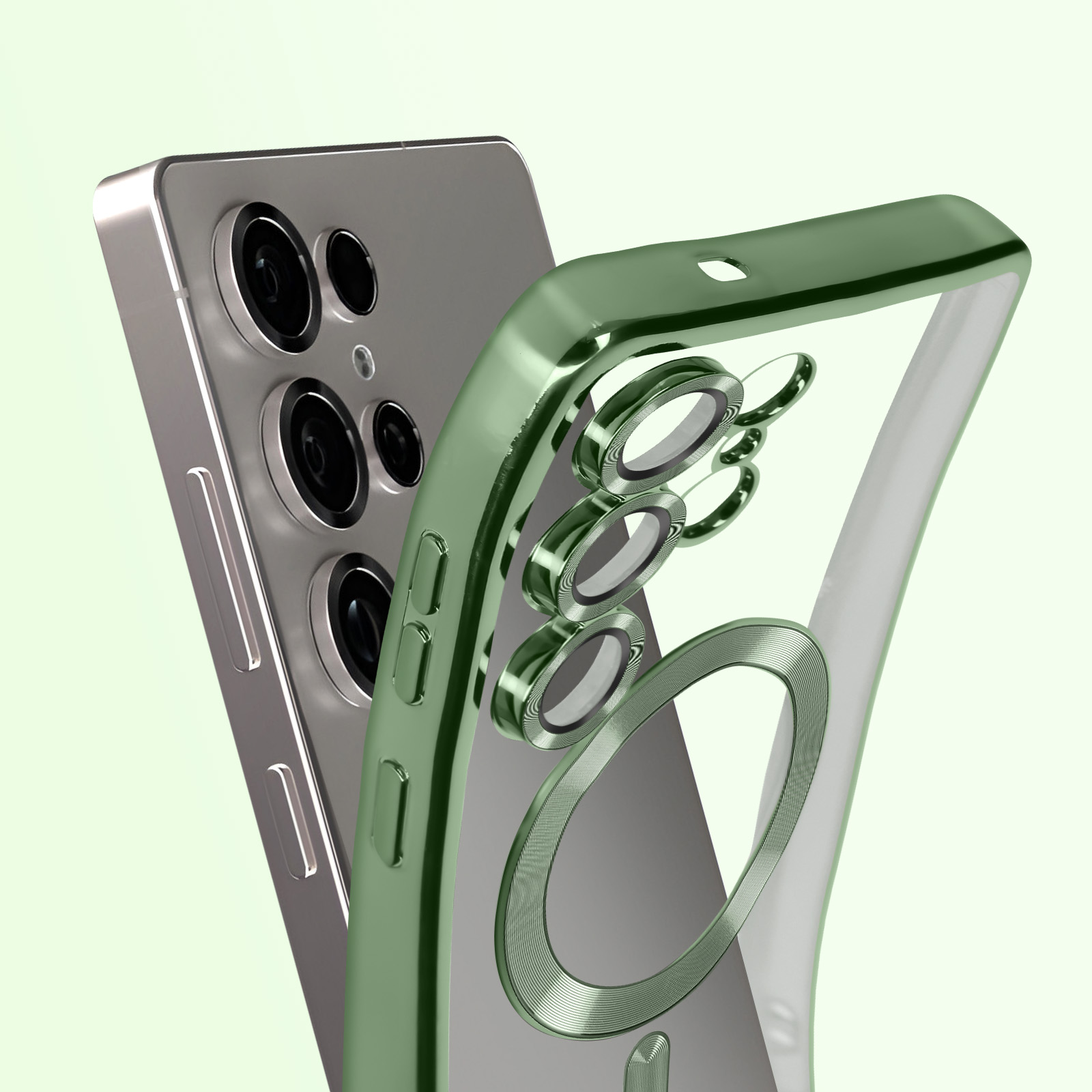 Un telefono argentato è accanto a una custodia verde trasparente. La custodia ha un anello per la fotocamera e un anello magnetico.