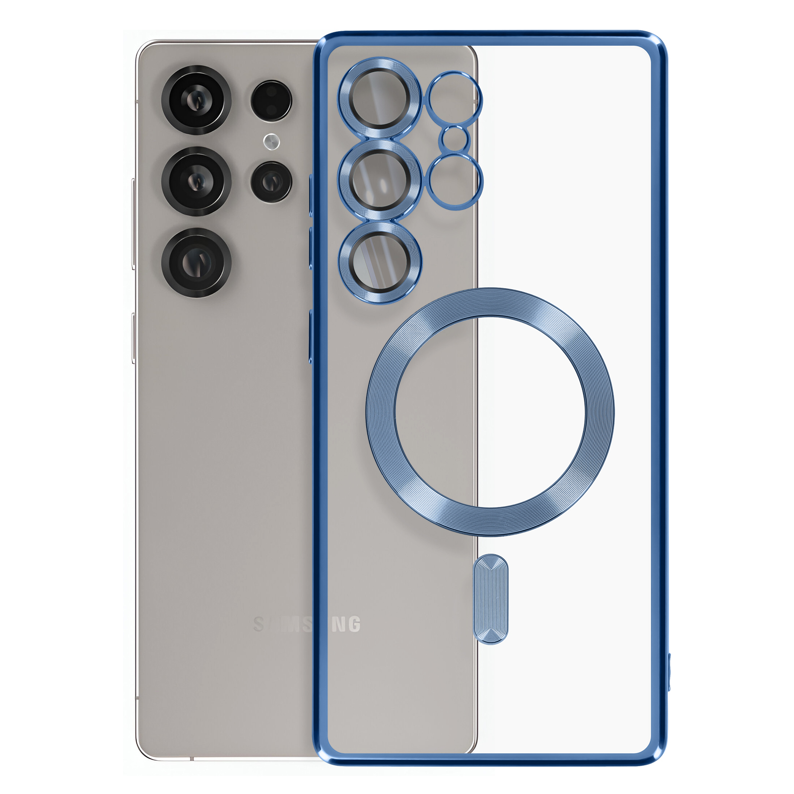 Blaue Handyhülle auf einem silbernen Samsung-Telefon. Die Hülle hat blaue Akzente um die Kamera und die Ränder.