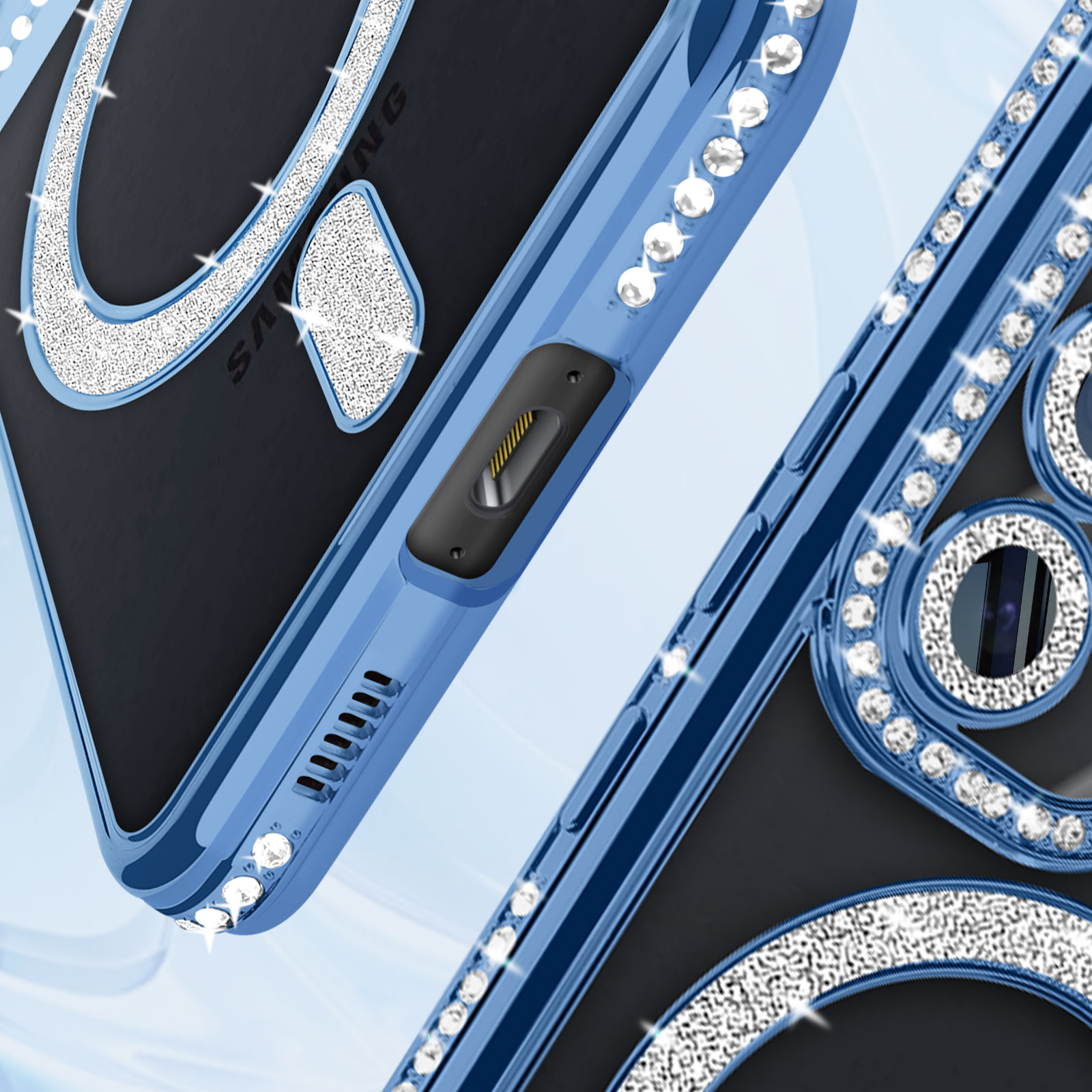 Primo piano di una custodia blu con strass, che mostra i pulsanti laterali e i dettagli.