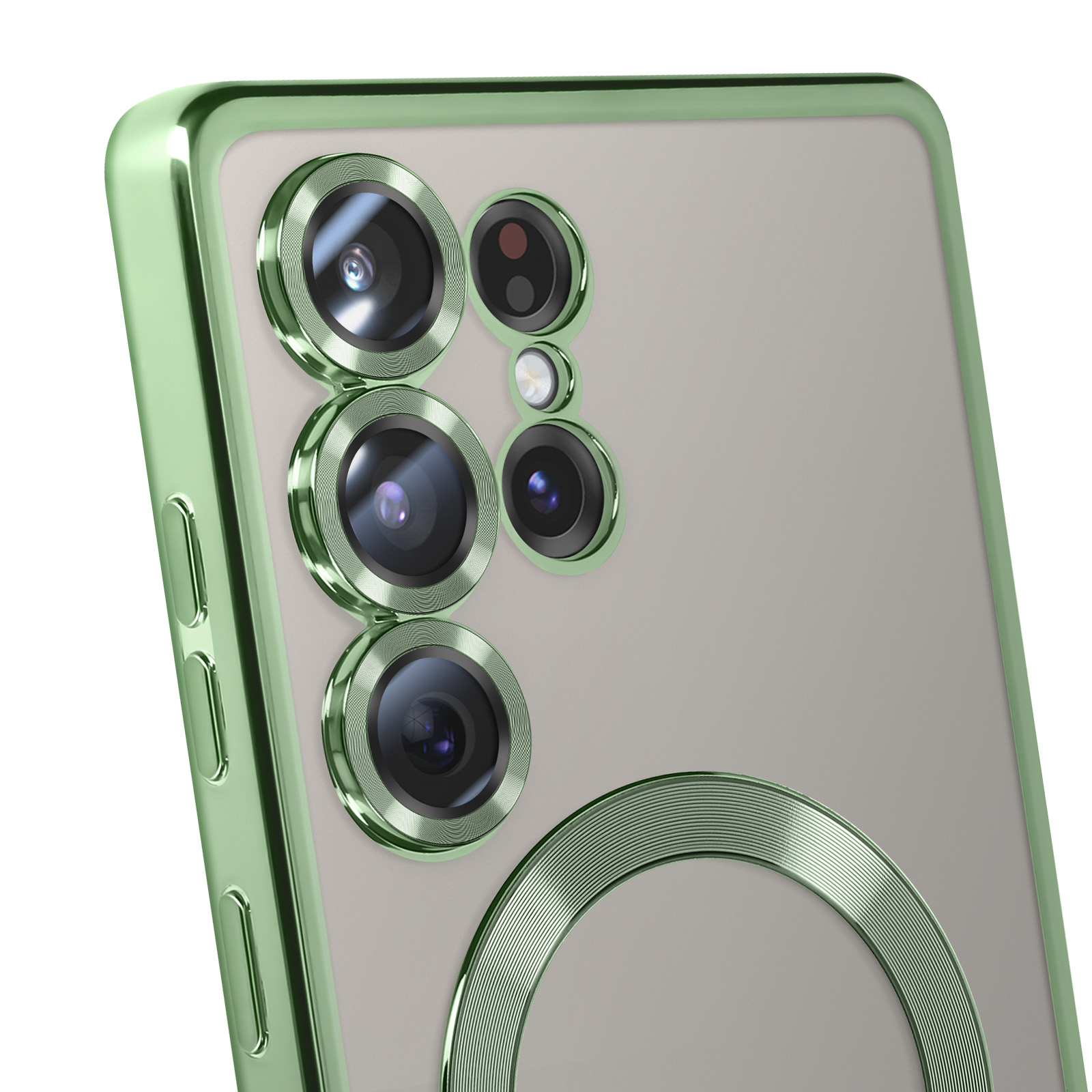 Primo piano di una custodia verde attorno agli obiettivi della fotocamera. Gli obiettivi sono al centro dell'immagine.