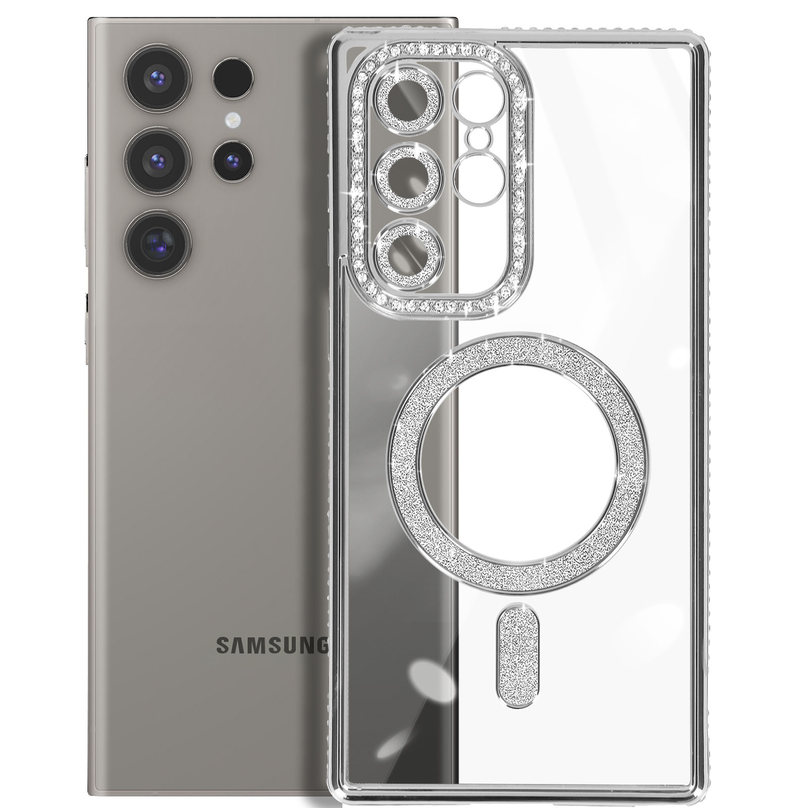 Telefono Samsung argento e una custodia trasparente con dettagli in cristallo. La custodia ha anelli e dettagli fotocamera.
