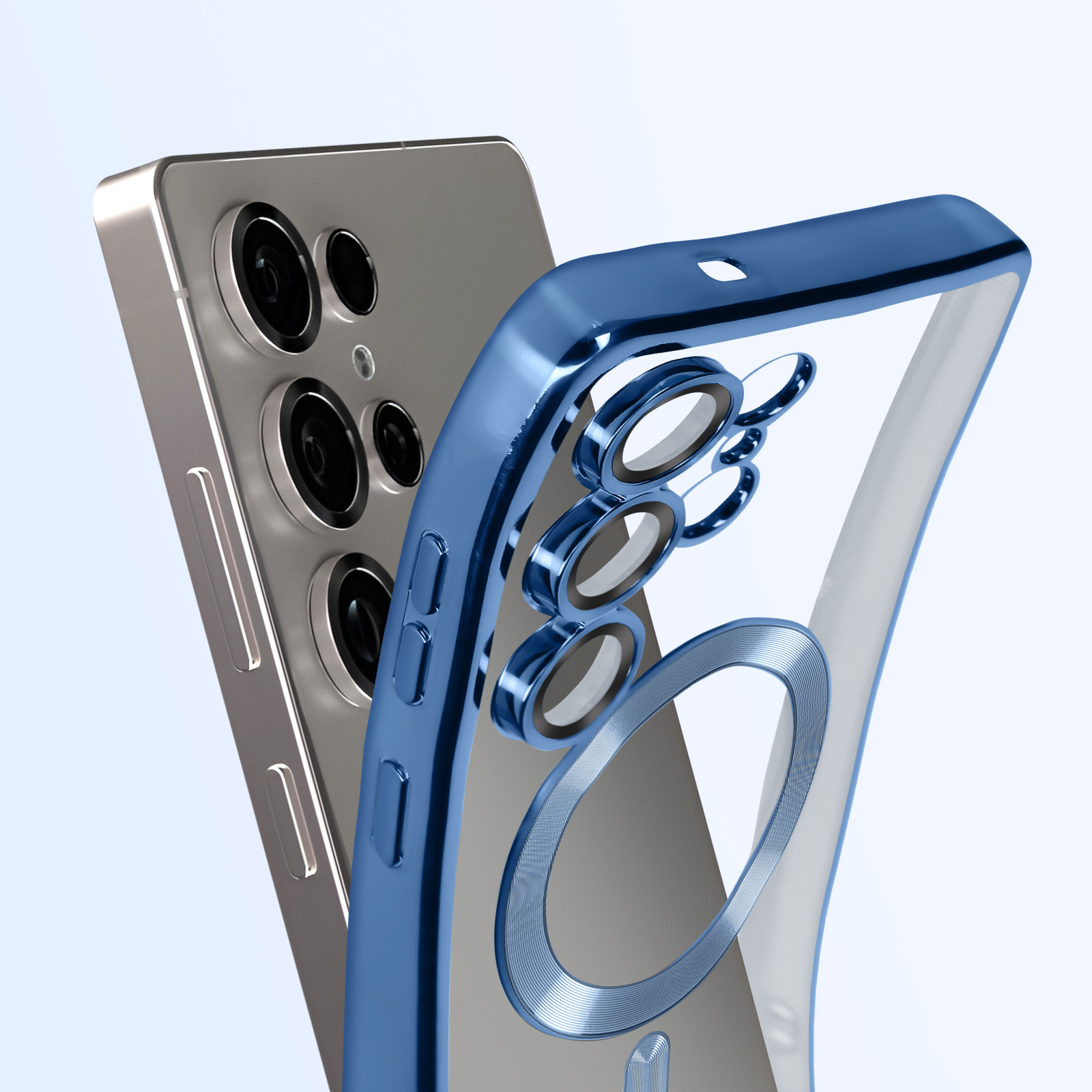 Eine Handyhülle mit blauem Rahmen, Ring und silbernem Telefon, wobei die Kameradetails sichtbar sind.