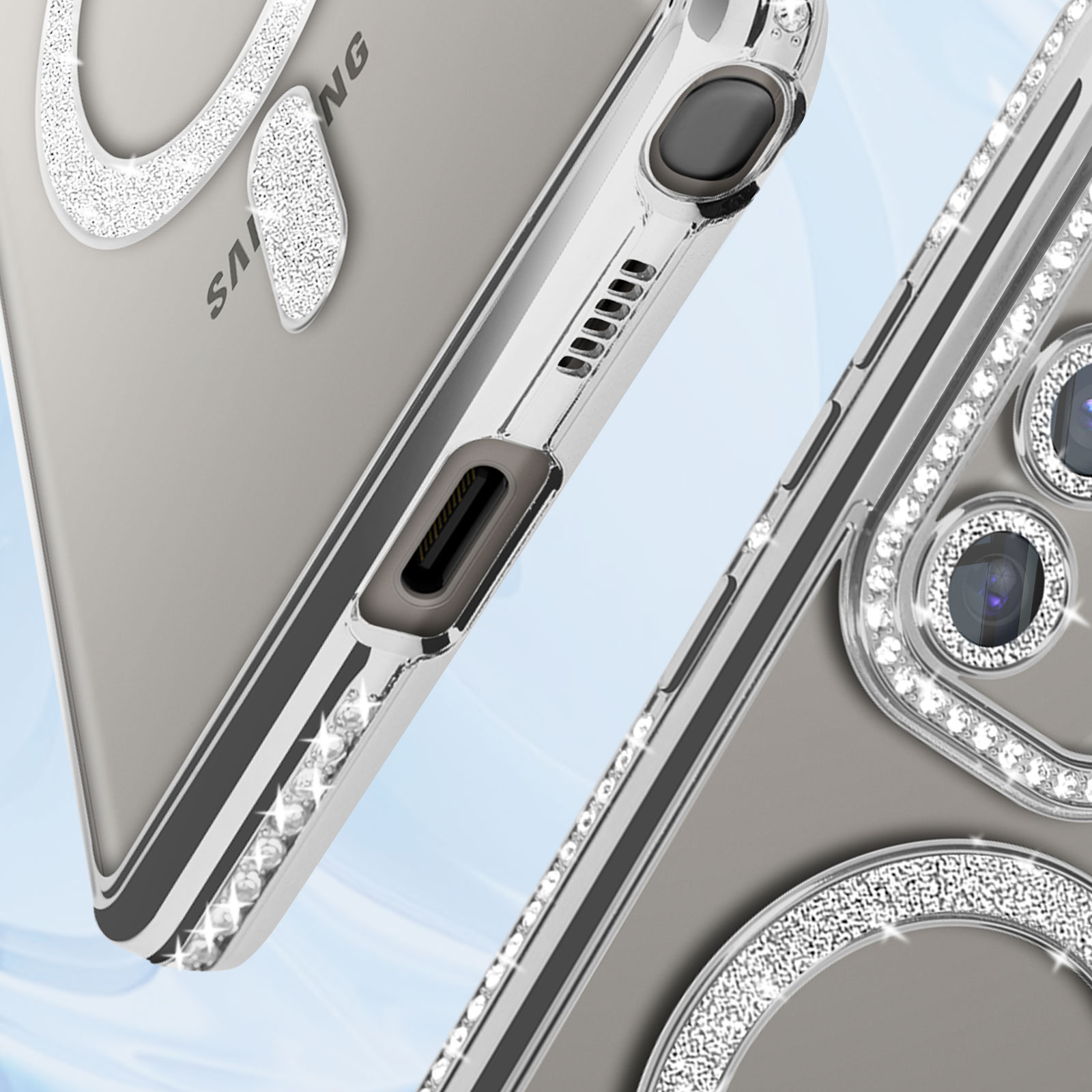 Primo piano di una custodia per telefono con strass. Custodia argentata e telefono con schermo nero.