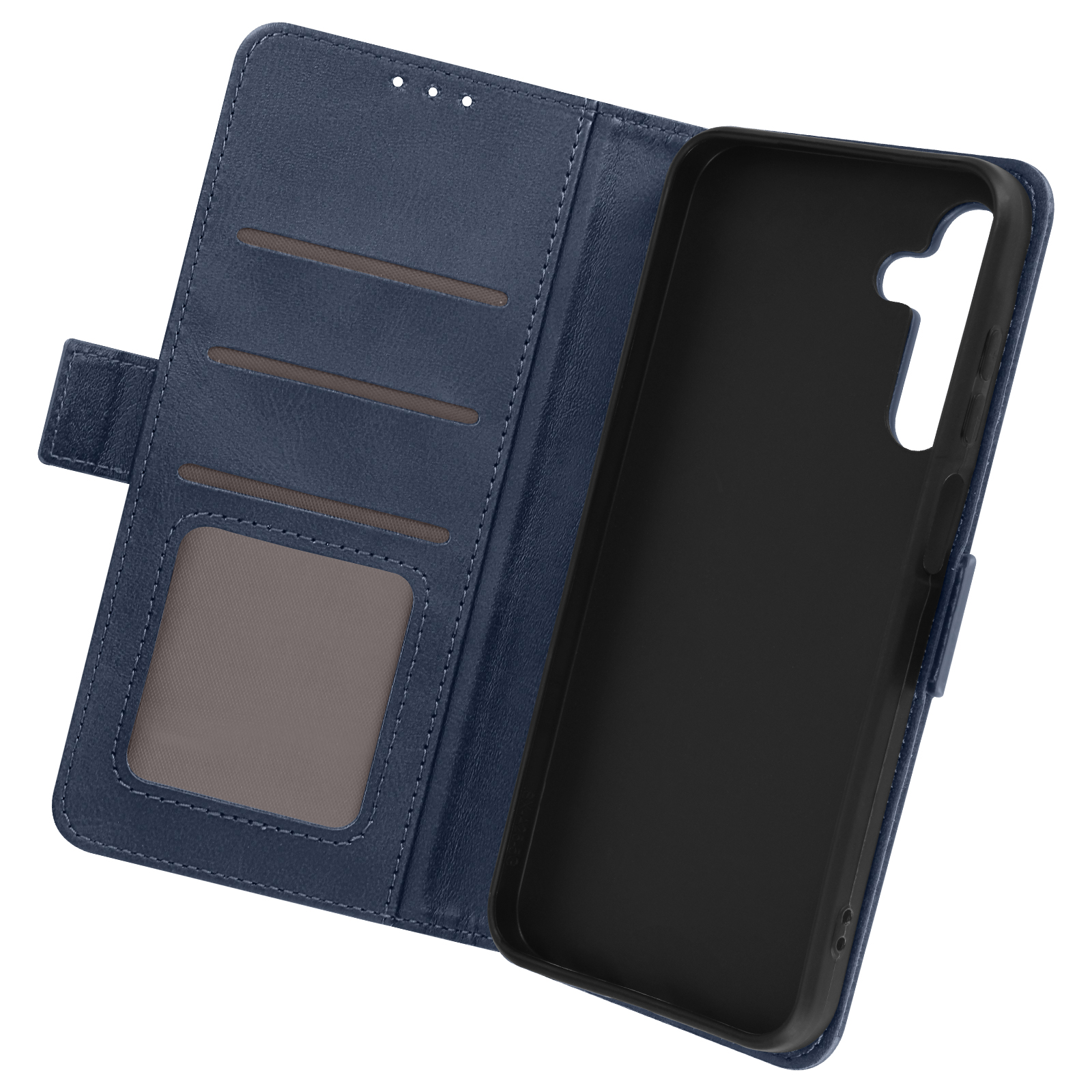 Blaue Handyhülle, geöffnet, zeigt ein schwarzes Inneres mit Kartenfächern und ein Telefon.