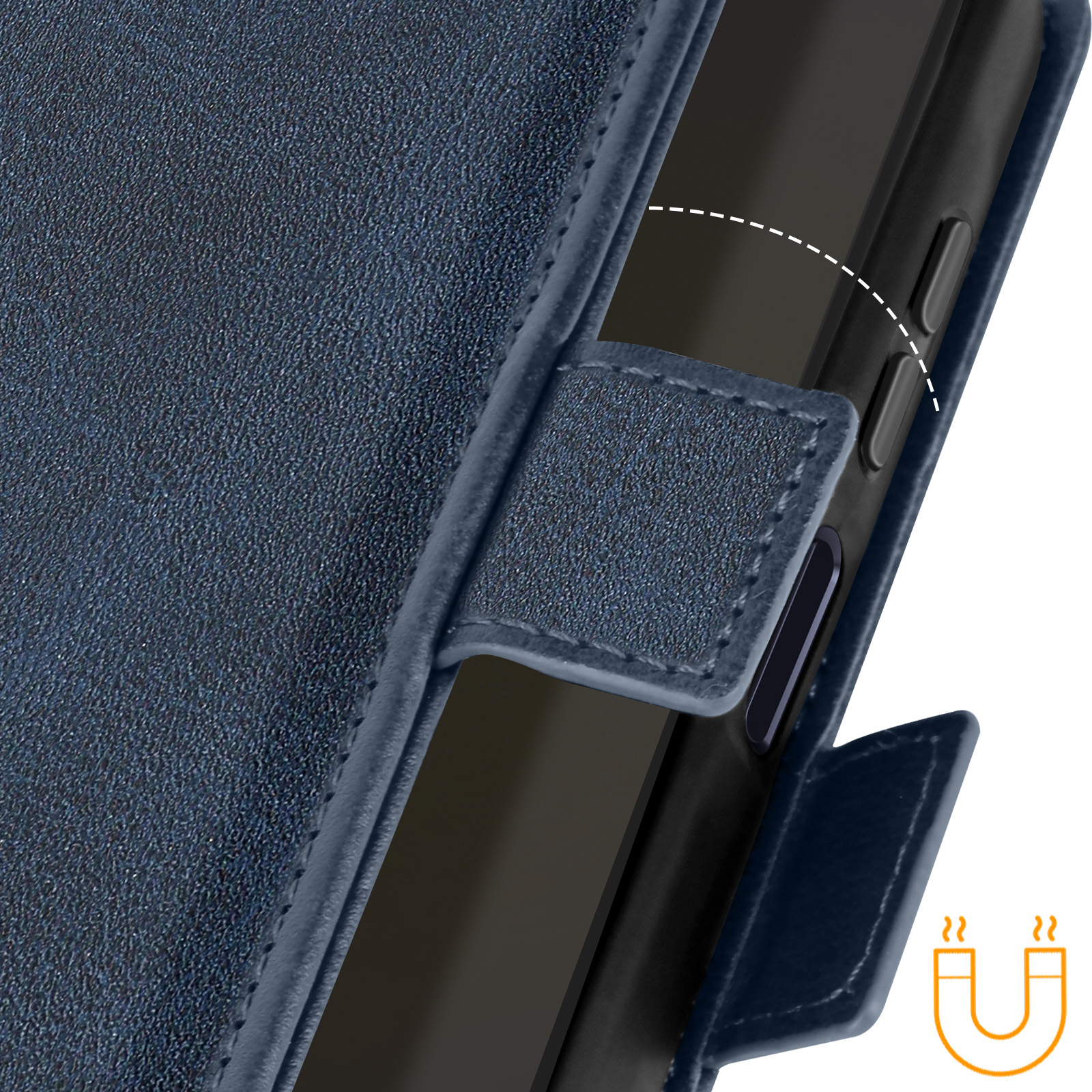 Nahaufnahme einer blauen Leder-Handyhülle, die den Magnetverschluss und Details zeigt.