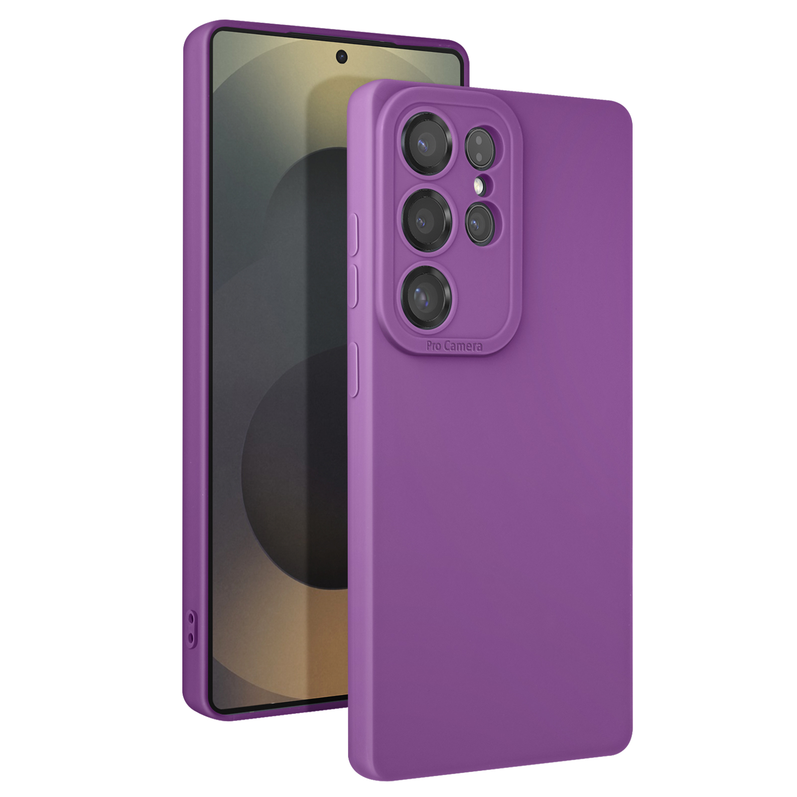 Custodia viola per telefono con telefono all'interno. Il telefono ha schermo e fotocamera.