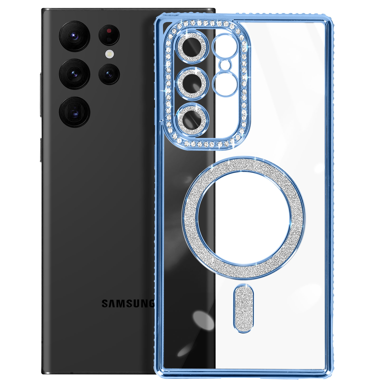 Telefono nero con custodia trasparente. La custodia ha un anello e un rettangolo con strass.