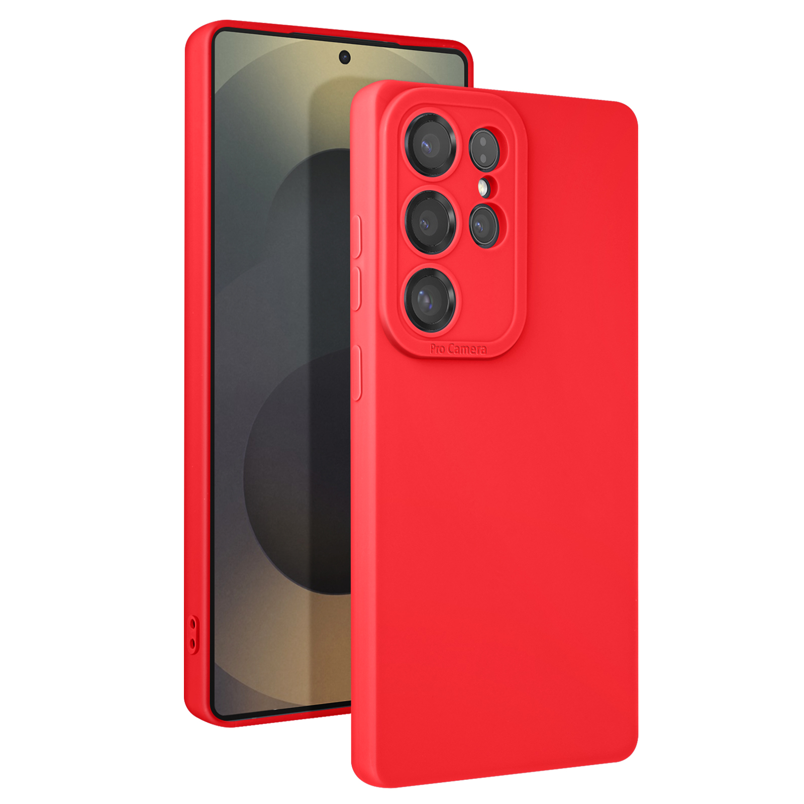 Custodia rossa per telefono, con un rigonfiamento per la fotocamera. Un'altra custodia rossa accanto.