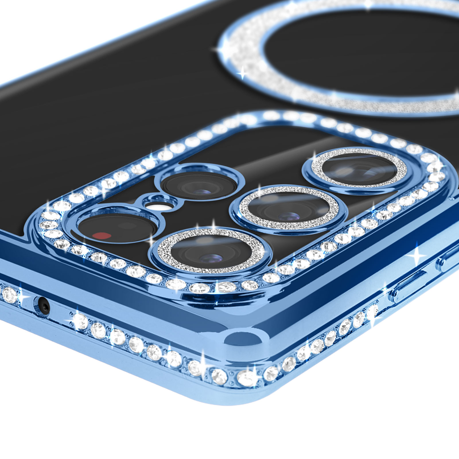 Custodia blu per telefono con strass attorno alla fotocamera e un design di caricatore magnetico circolare.