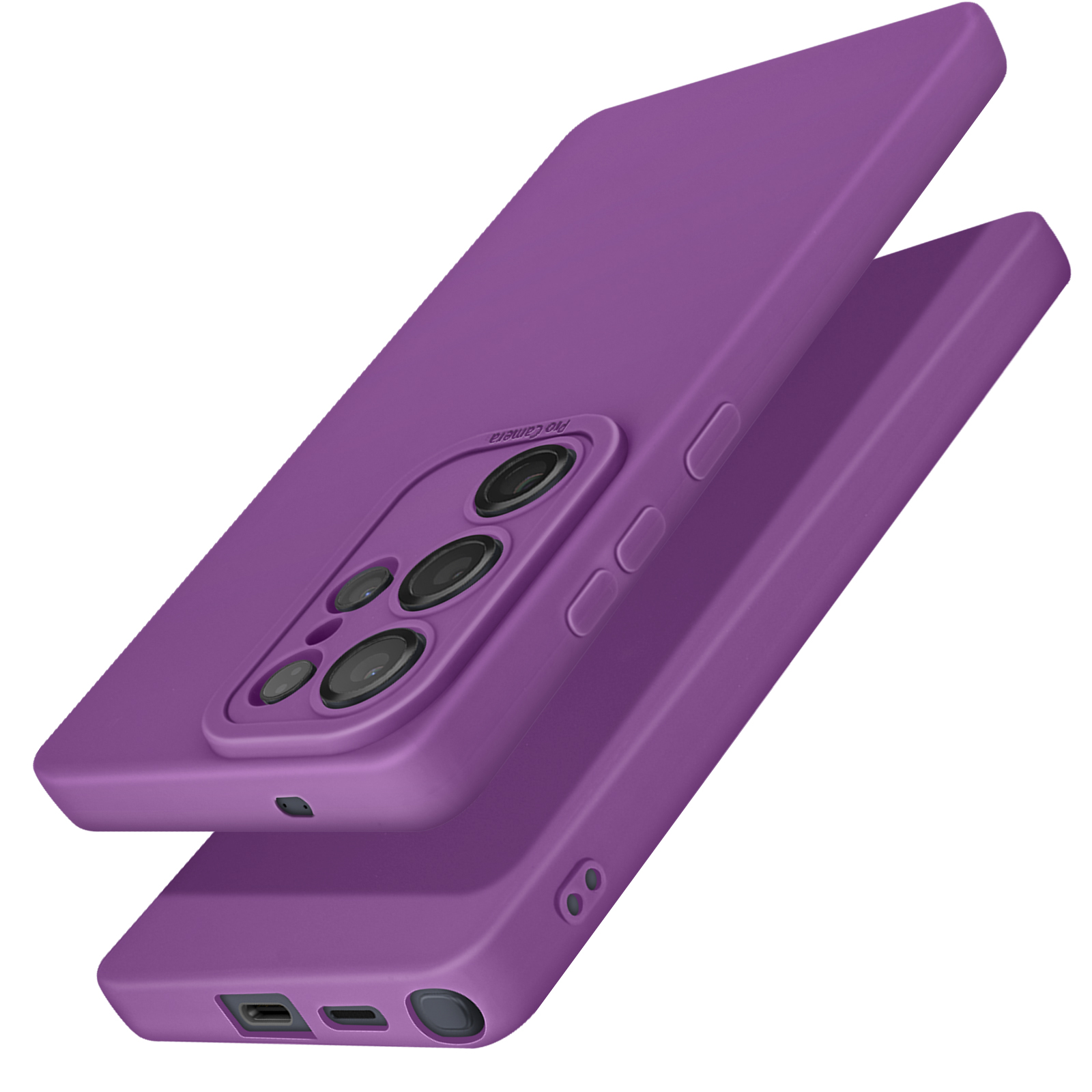 Custodia viola per telefono con rigonfiamento per la fotocamera. Un'altra custodia viola accanto.