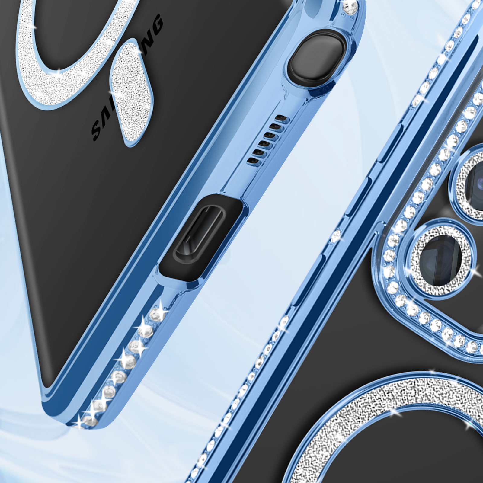 Primo piano di una custodia per telefono con strass. Custodia blu e telefono con schermo nero.