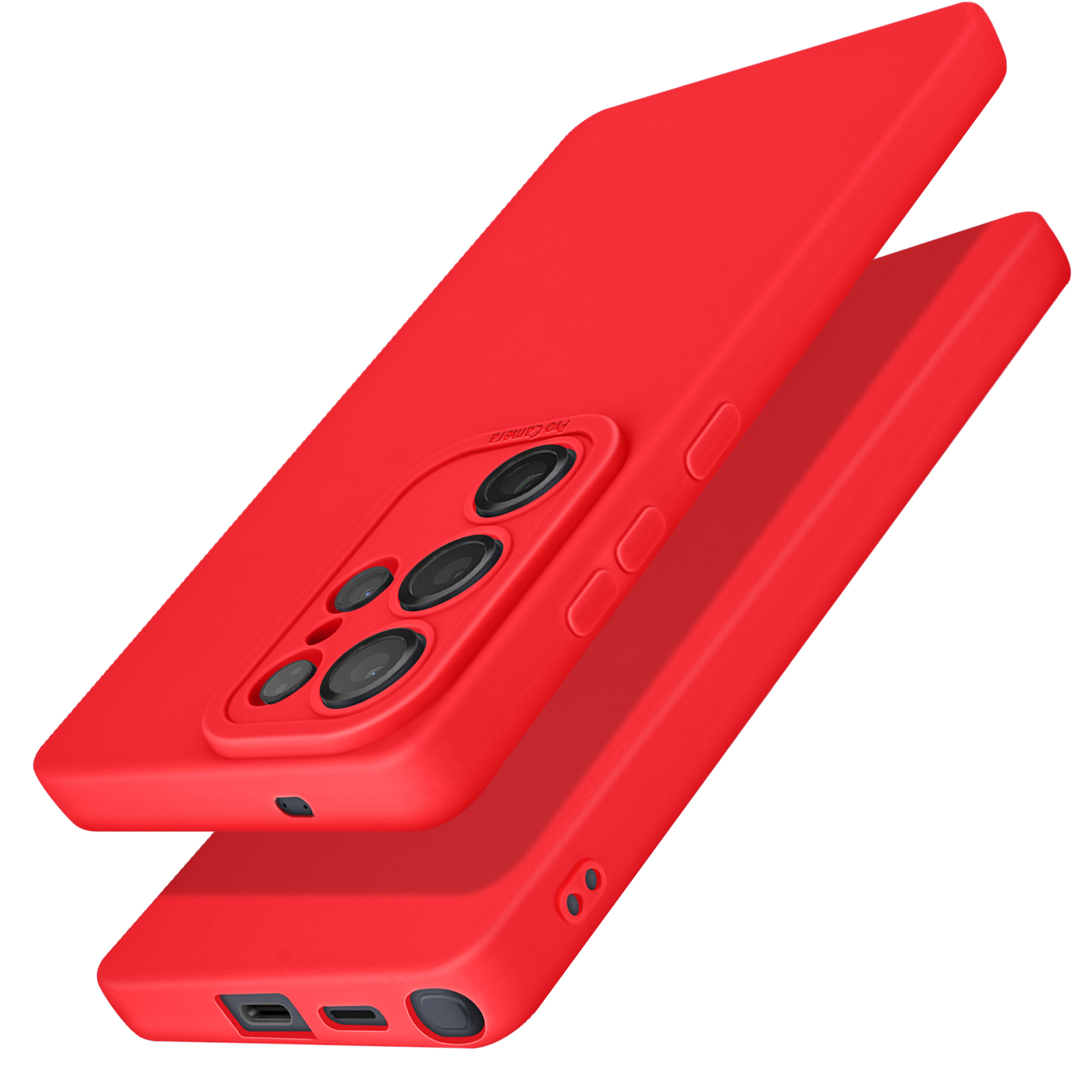 Custodia rossa per telefono con rigonfiamento per la fotocamera. Un'altra custodia rossa accanto.