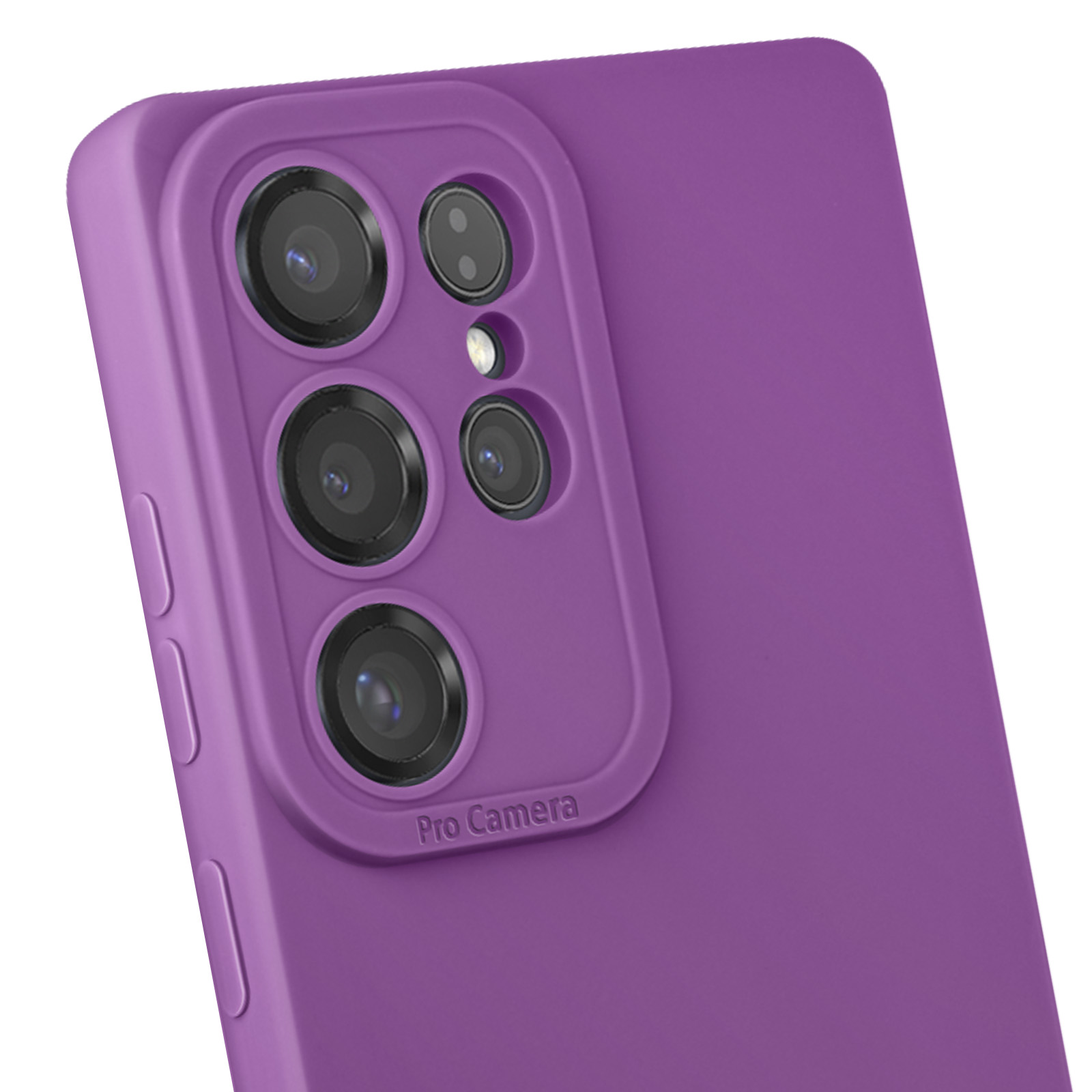 Primo piano di una custodia viola per telefono con lenti della fotocamera sul retro.